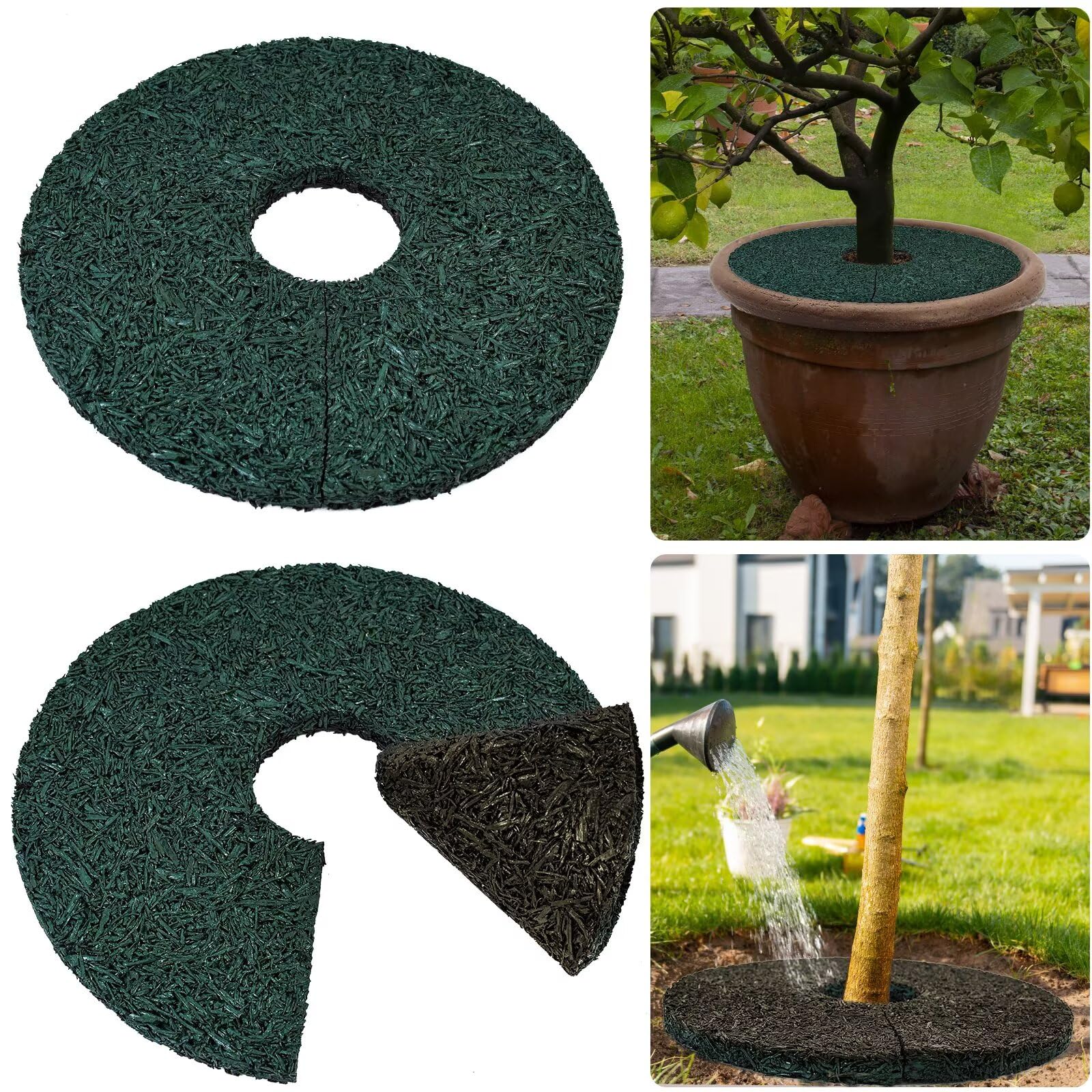 2pcs Double Side Rubber Tree Mulch Ring, 12In Heavy Duty Recycled Rubber Mulch Mat Natural Look Tree Root Protector Mat Reversible Round Tree Ring for Prevent Animal Dig, (Green Brown)
