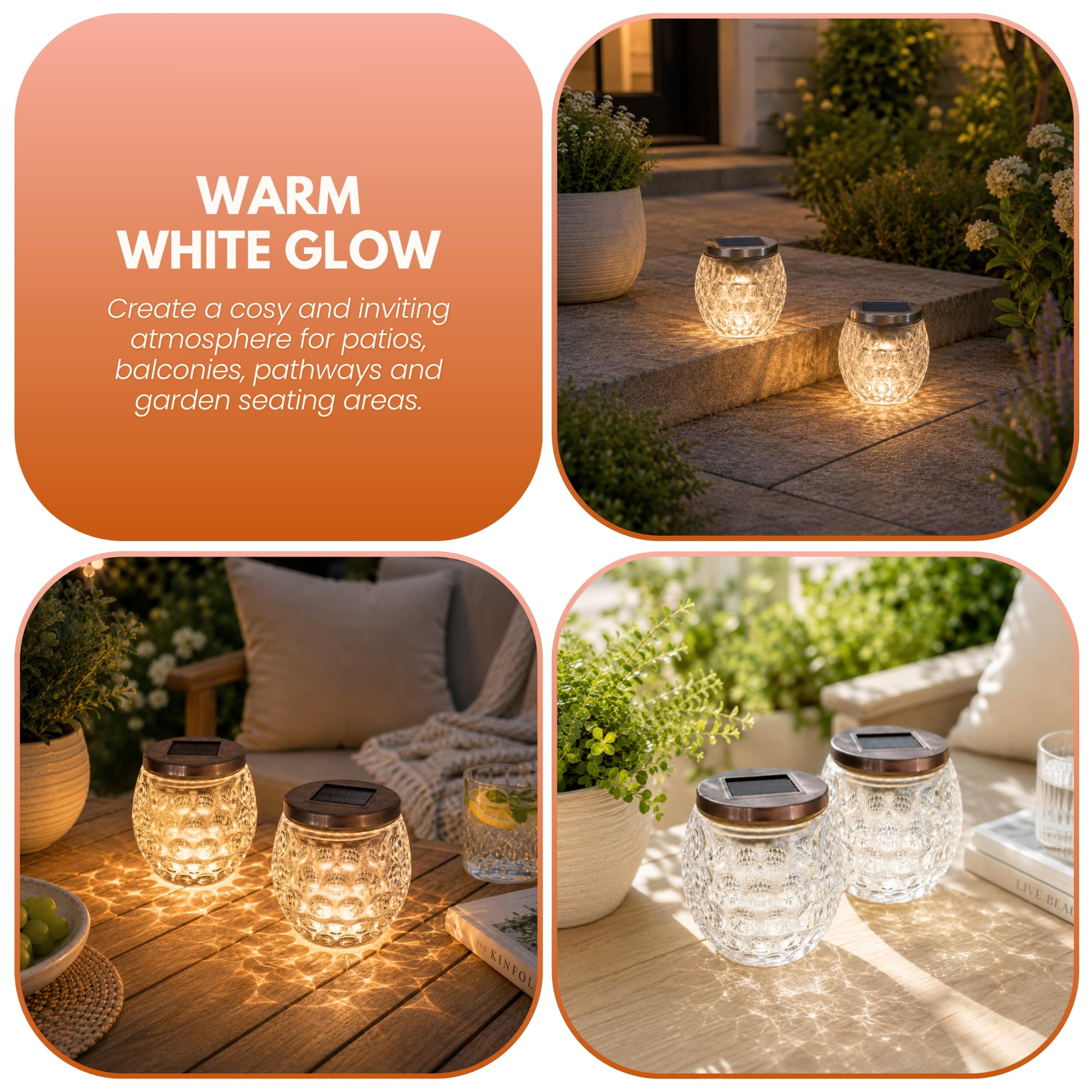 Garden Mile Juego de 2 luces solares de vidrio para tarros, linternas solares LED de color blanco cálido con sensor de encendido/apagado automático, luces de mesa de vidrio pesado con hoyuelos para
