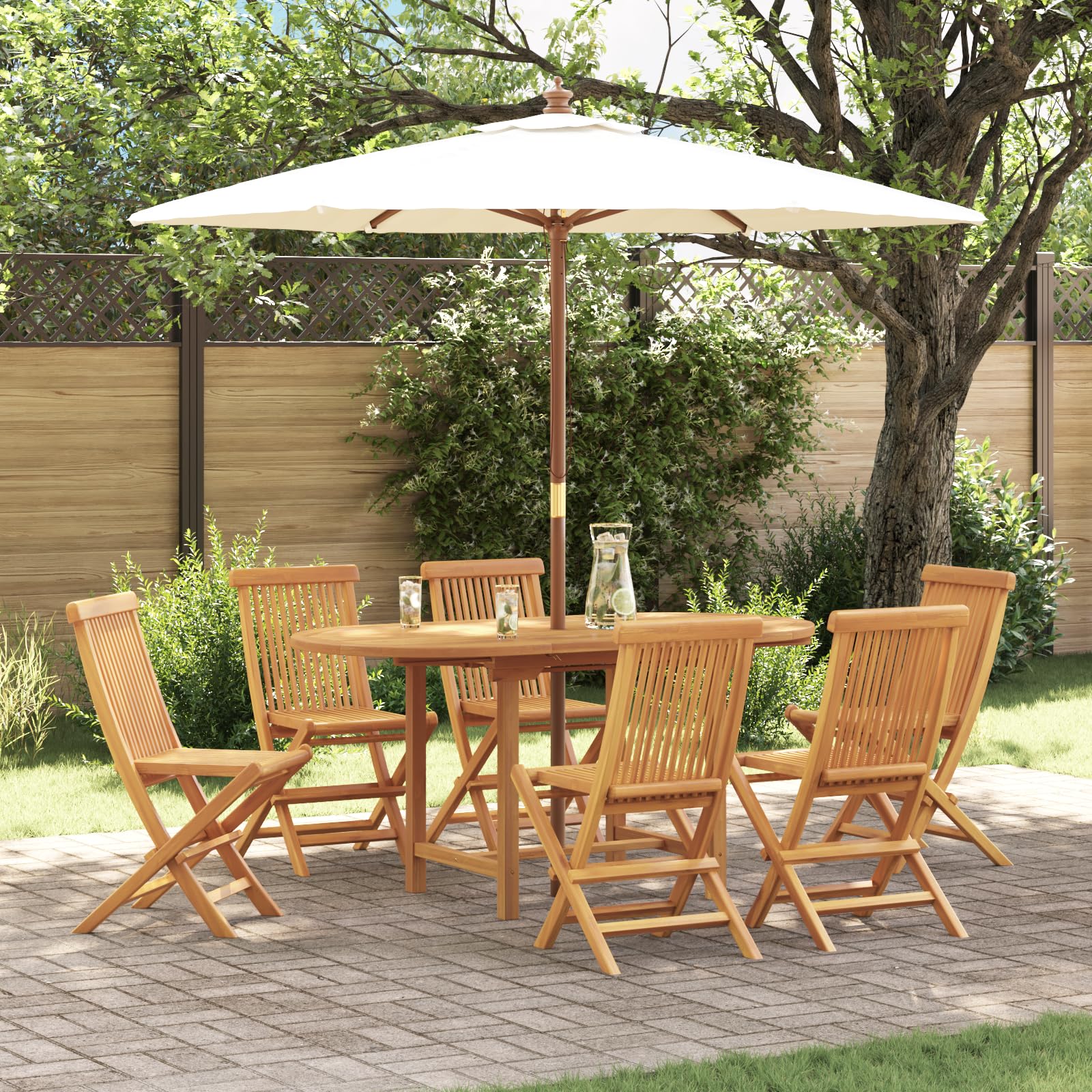 Set da Pranzo da Giardino 7 Pezzi in Legno Teak Massello Ovale Marrone con Sedie Pieghevoli per Esterno Balcone, Design Elegante e Facile Pulizia