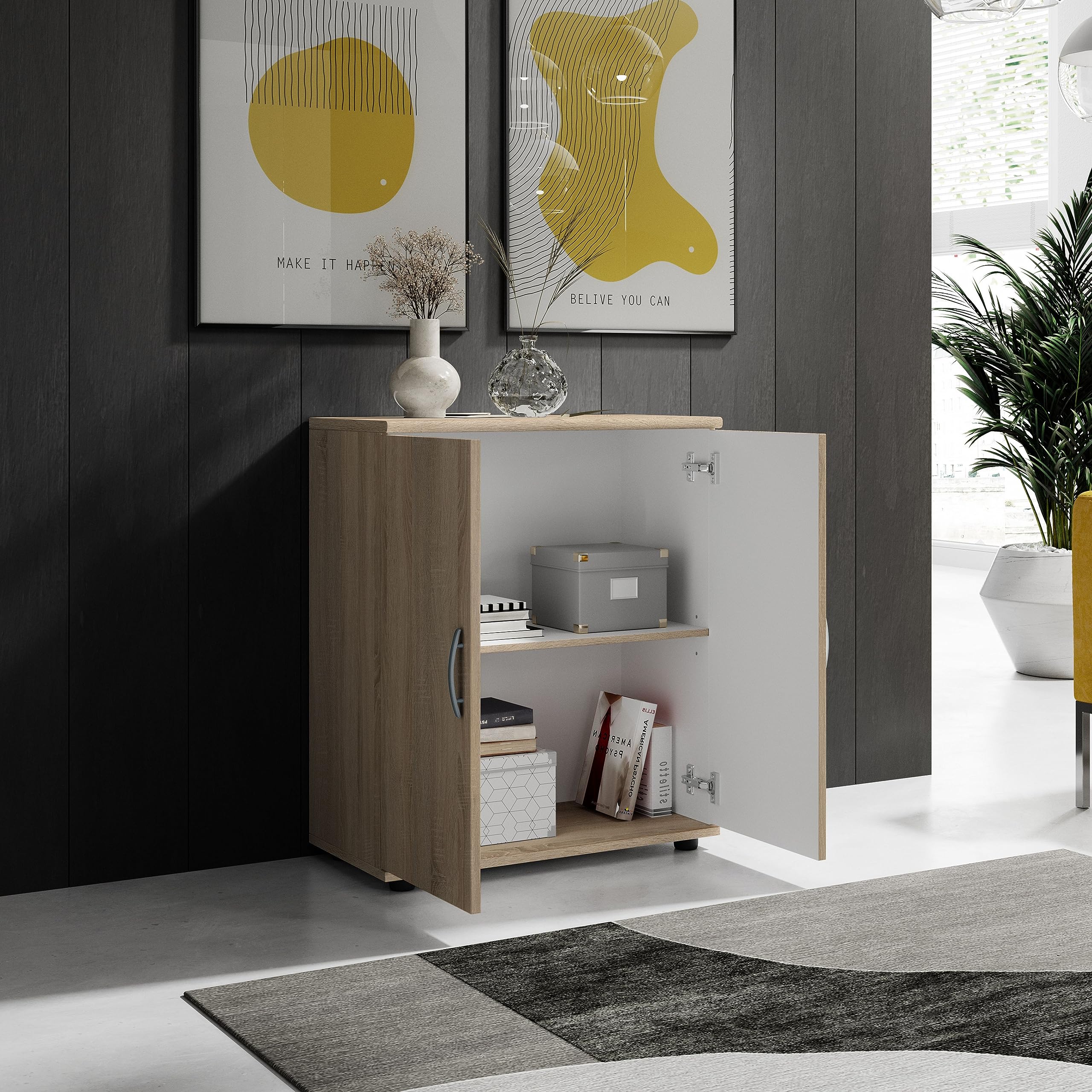 Stella Trading LILLY Commode en aspect chêne Sonoma - Commode moderne avec beaucoup d'espace de rangement pour le salon, la salle à manger et l'entrée - 60 x 70 x 30 cm (L/H/P)