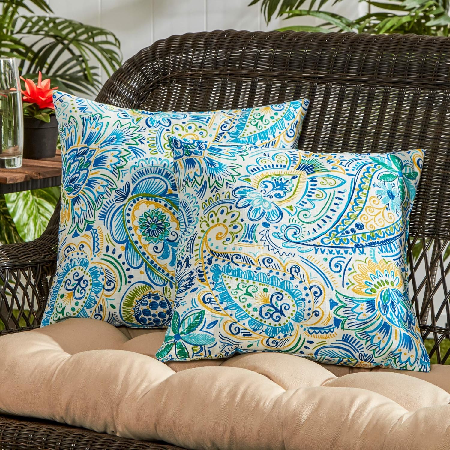 South Pine Porch Outdoor 17-inch Square Accent Pillow, Set of 2, Baltic Paisley 2 Count