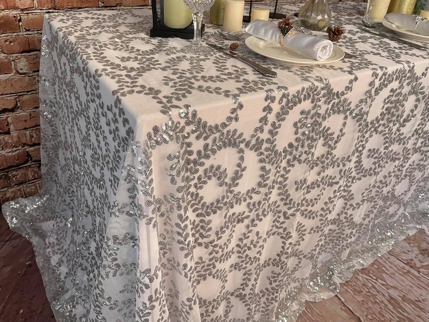 Large Embroidered Silver Table Covers 90x132 Inch,Rectangle Sparkle Glitter Sequin Tablecloth for Party Birthday Wedding
