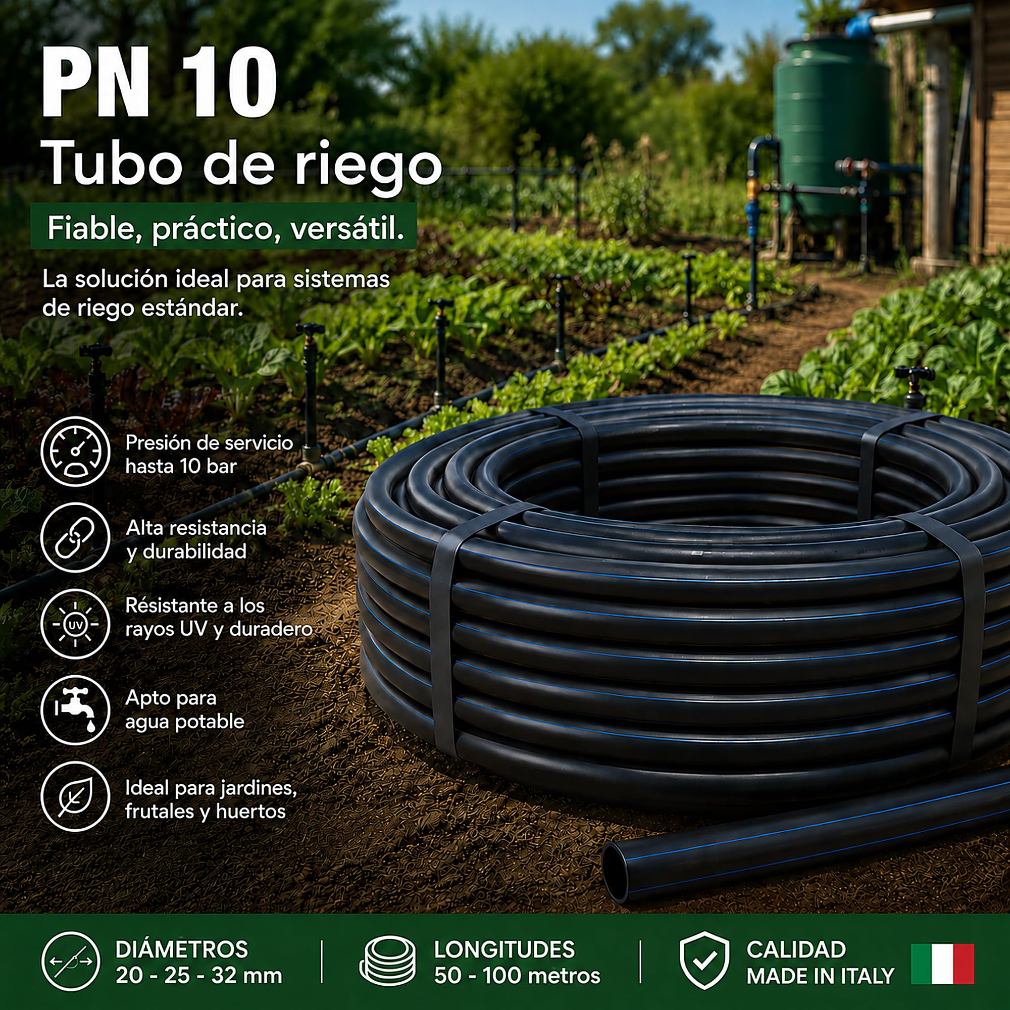 ESTO Manguera de Polietileno Alta Densidad para Riego y Jardín - 10 PN 50/100m, Diámetro 20 25 32, Alta Presión para Huerto (25