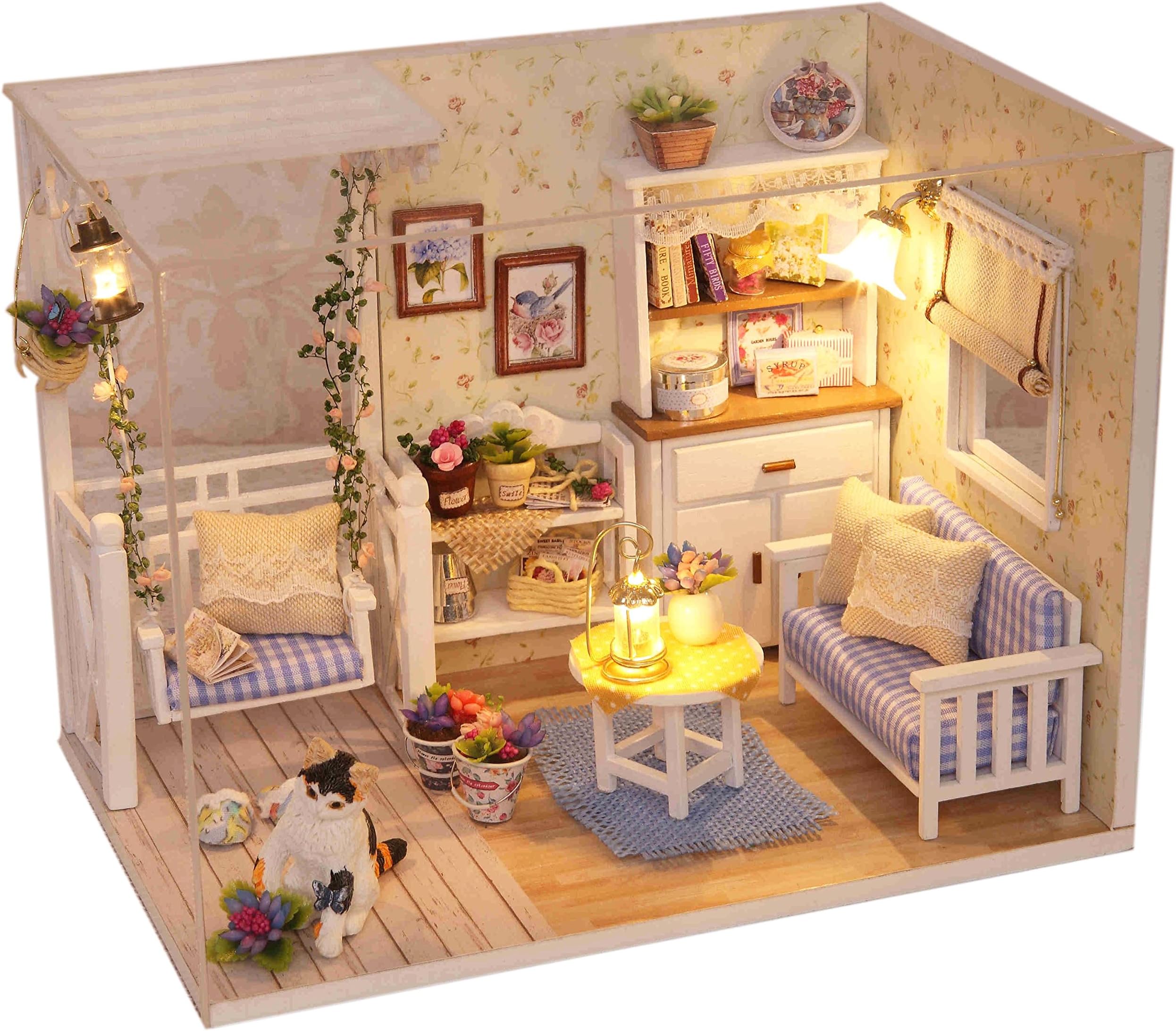 Ogrmar Wooden Dollhouse Miniatures DIY House Kit With Cover and Led Light-Cat Diary