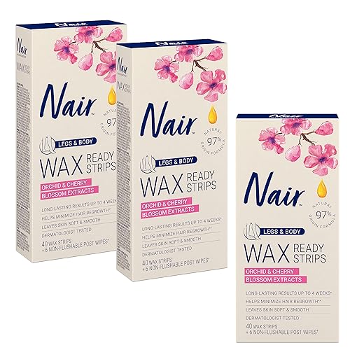 Nair Tiras depiladoras listas para piernas y cuerpo, kit de depilación sin ensuciar para depilación, paquete de 3 tiras de cera, 40 unidades cada