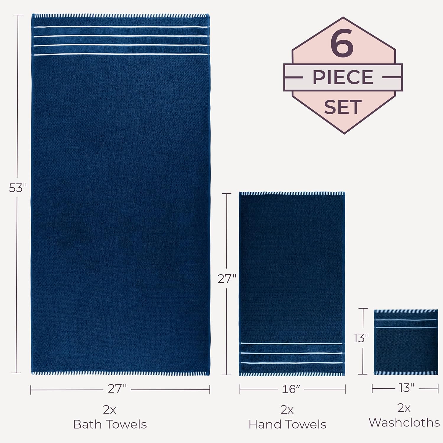 Combed Cotton Towel Set- Rice Weave 100% Combed Cotton 6 Piece Set With 2 Bath Towels, 2 Hand Towels and 2 Washcloths by Lavish Home- Navy