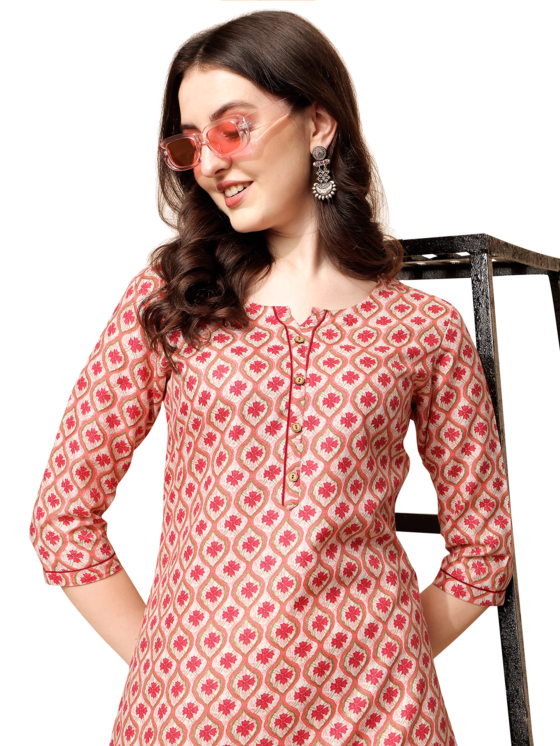 Nainvish Women's Cotton Blend Straight V-Neck Printed Kurta (Sd422_K-L_Red)