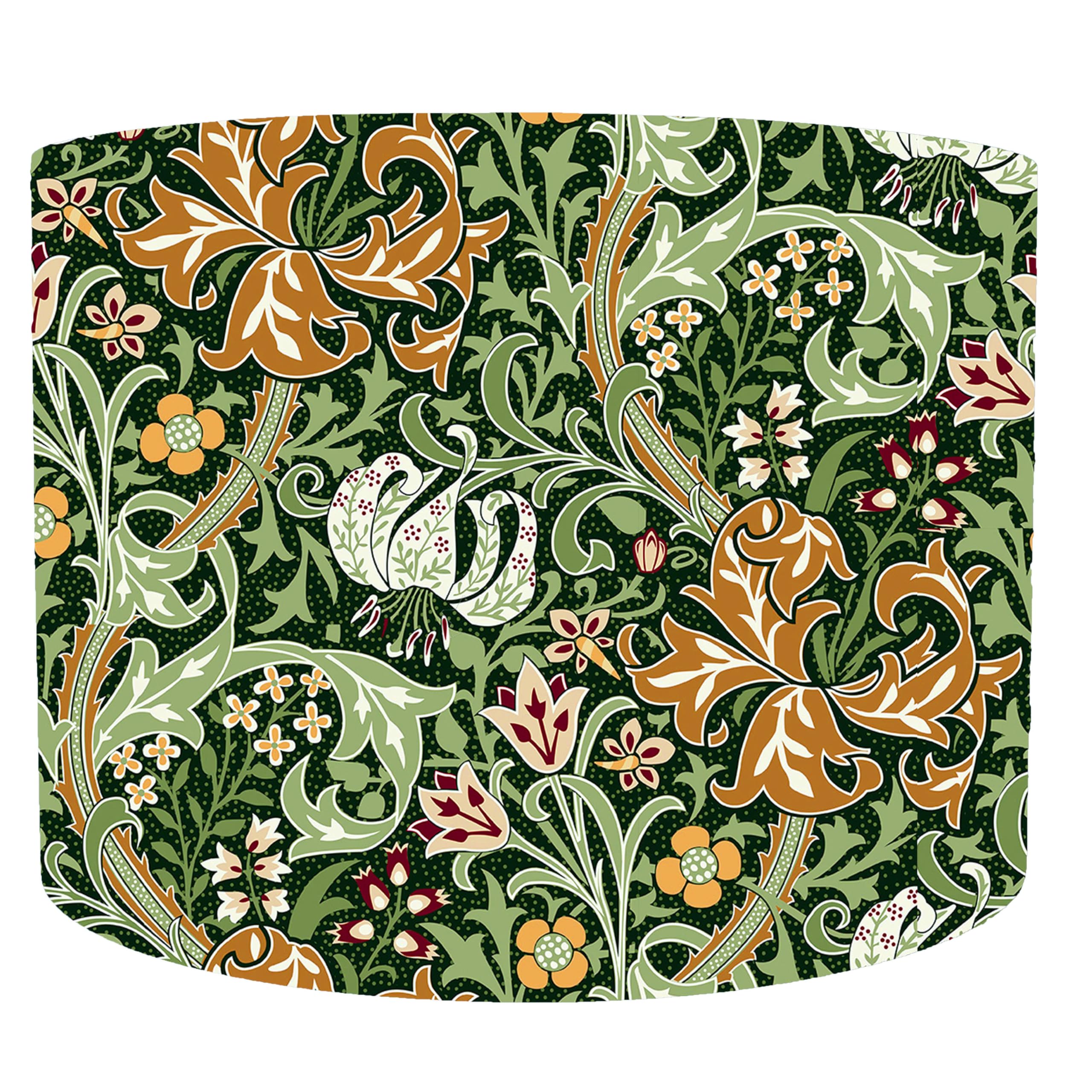 Leo And Cal, Handmade William Morris Golden Lily Lampshade, Choice of 5 Diameter Sizes, 20cm, 25cm, 30cm, 35cm, 40cm, Drum Lampshade, Metallic Lining, Nature Themed Room Decor, Velvet Lampshade