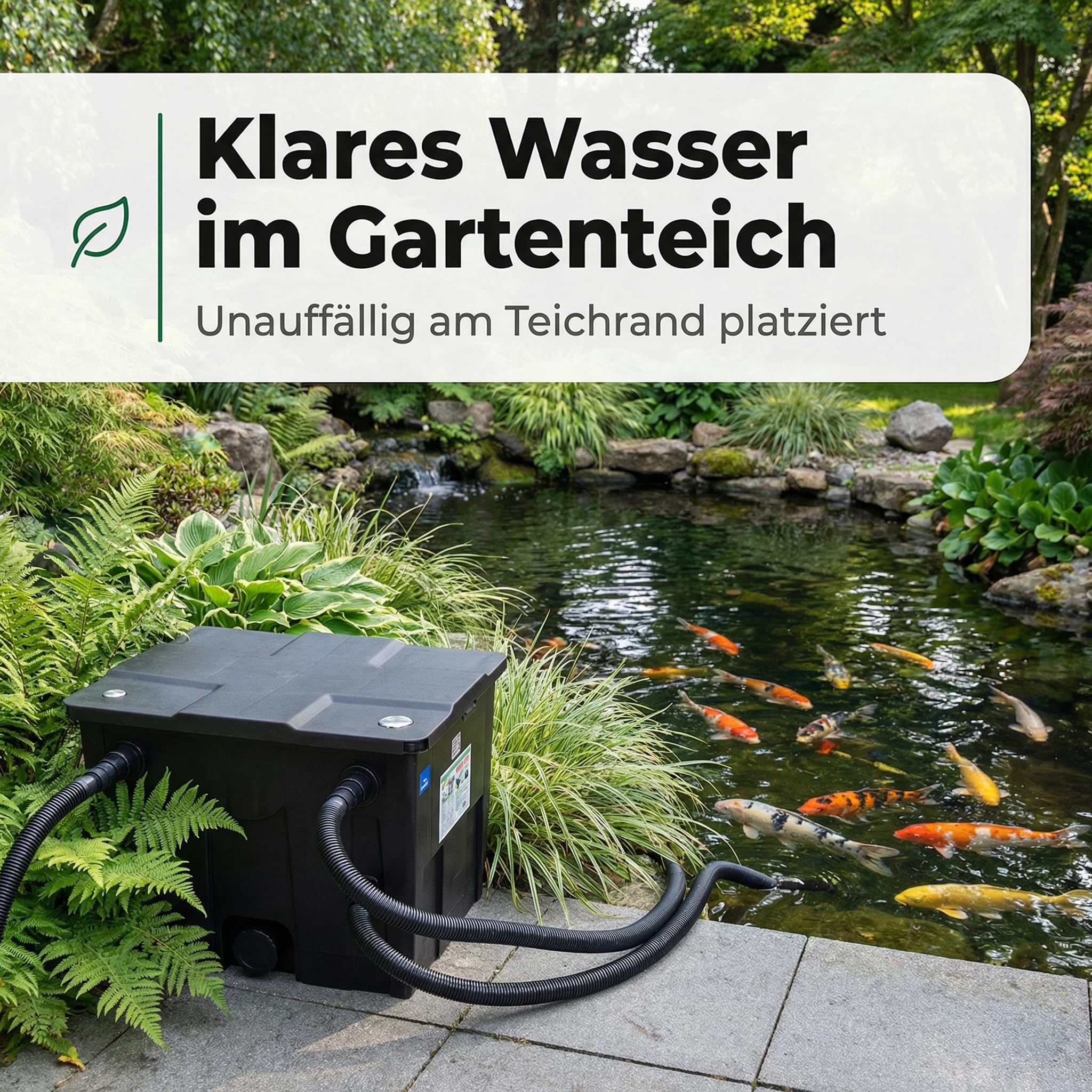 Pondlife Teichfilter CBF-350 Bio-Mehrkammer Durchlauffilter für Gartenteich bis 10.000 l, integriertes analoges Thermometer im Deckel, gestufte Schlauchtüllen, Schmutzablass zur einfachen Reinigung