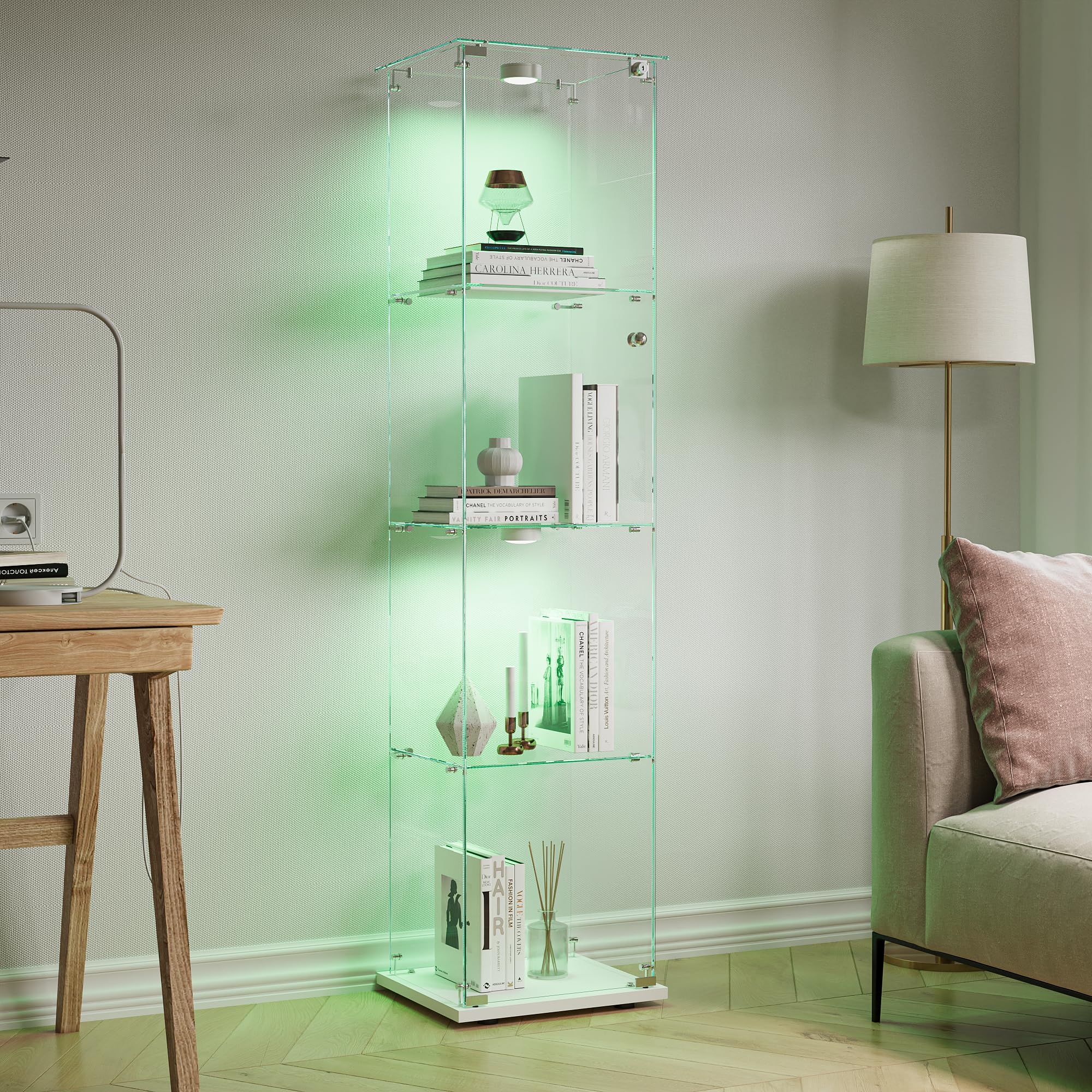 Vitrina de Cristal de 163 x 40 x 35 cm con 4 estantes 1 Puertas, Vitrina de pie con LED, Armario de colección Moderno para salón, Dormitorio, Oficina, Blanco y Puerta Individual + Luces de Pat