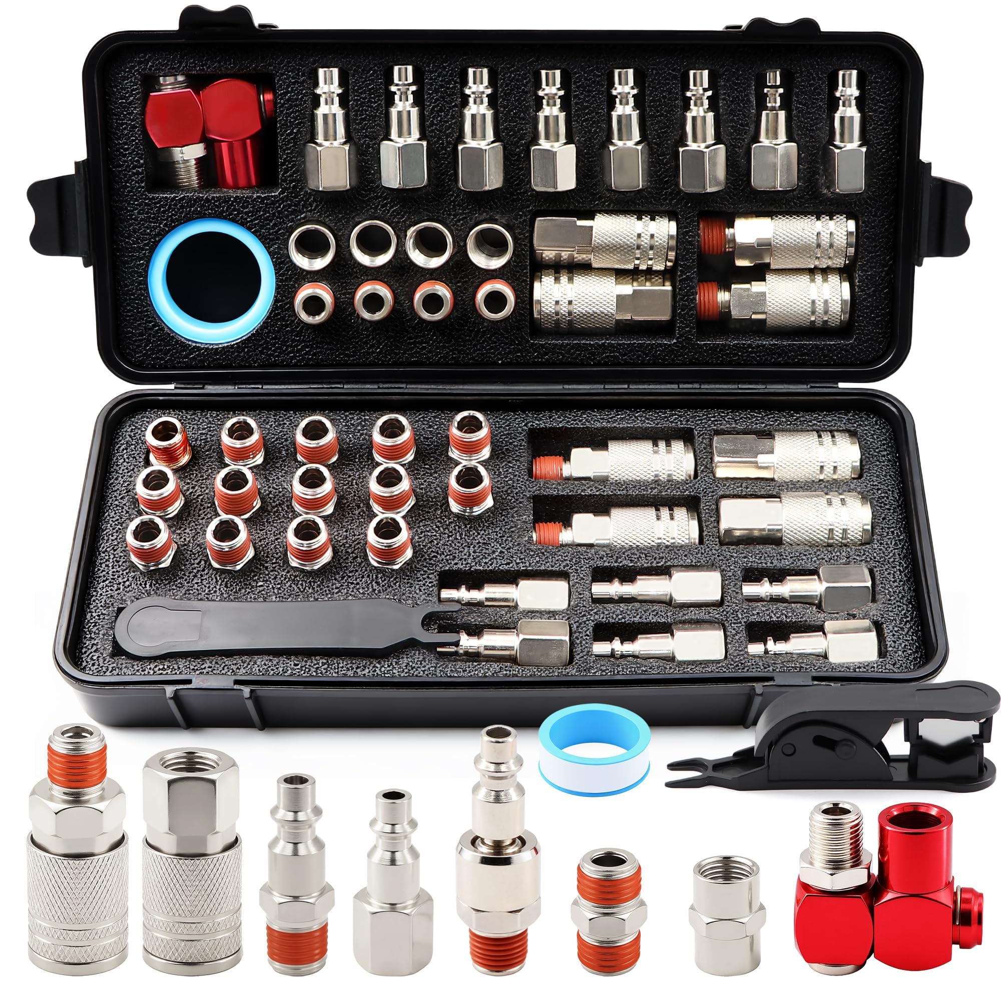 Kit de accesorios de aire universales NPT de conexión rápida de 48 piezas de 1/4 pulgadas | Niquelado con giro de 360° y sellador preaplicado | Incluye 14 enchufes, 4 acopladores y adaptadores para