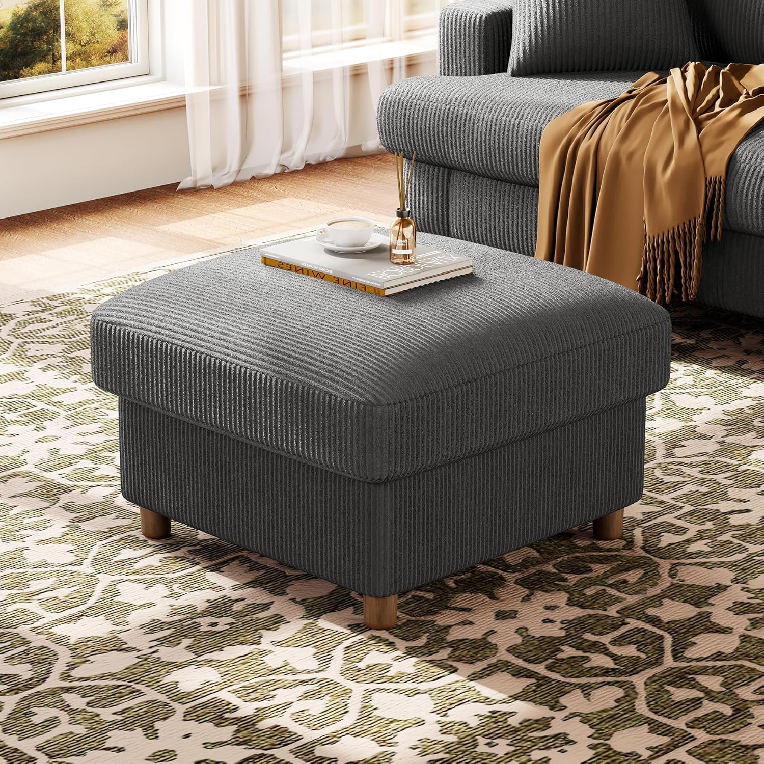 Kidirect Corduroy Ottoman with Storage, 25" Oversize Ottomans, Tool-Free Setup Storage Bench for Bedroom, Solid Wood Foot Rest, Comfy Foot Stool, Square Ottoman Coffee Table for Living Room, Grey