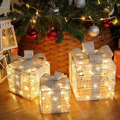 Miniatura 13 de Juego de 4 cajas de regalo iluminadas, 3.3 pies, 70 luces LED, apilables, cajas de regalo para decoraciones de Navidad, interiores y exteriores,