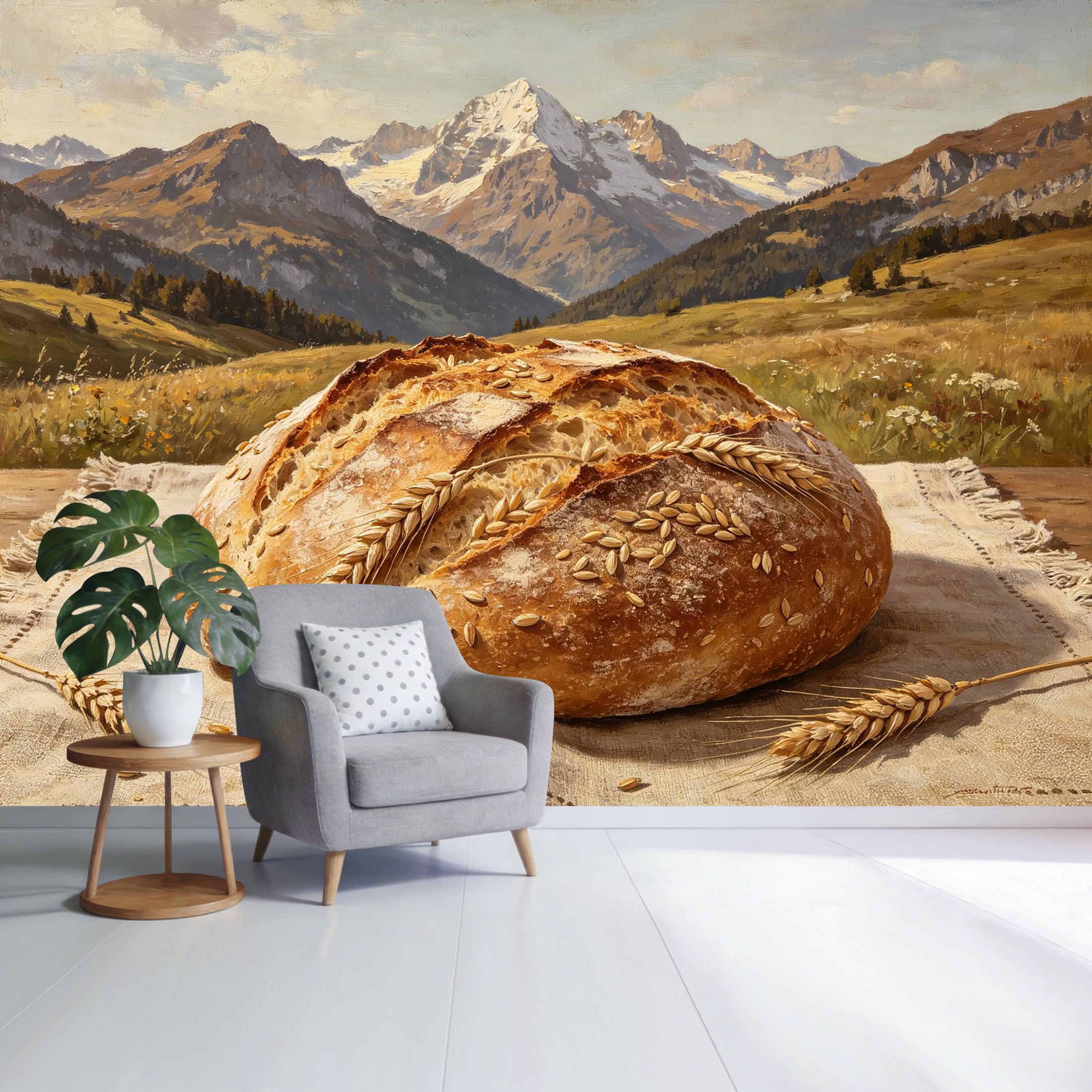 Custom Size Wall Mural Rustic Bread Loaf with Wheat Ears Mountain Landscape Oil Painting Style SelfAdhesive Wall Fabric Removable Wallpaper for Home Office Decor