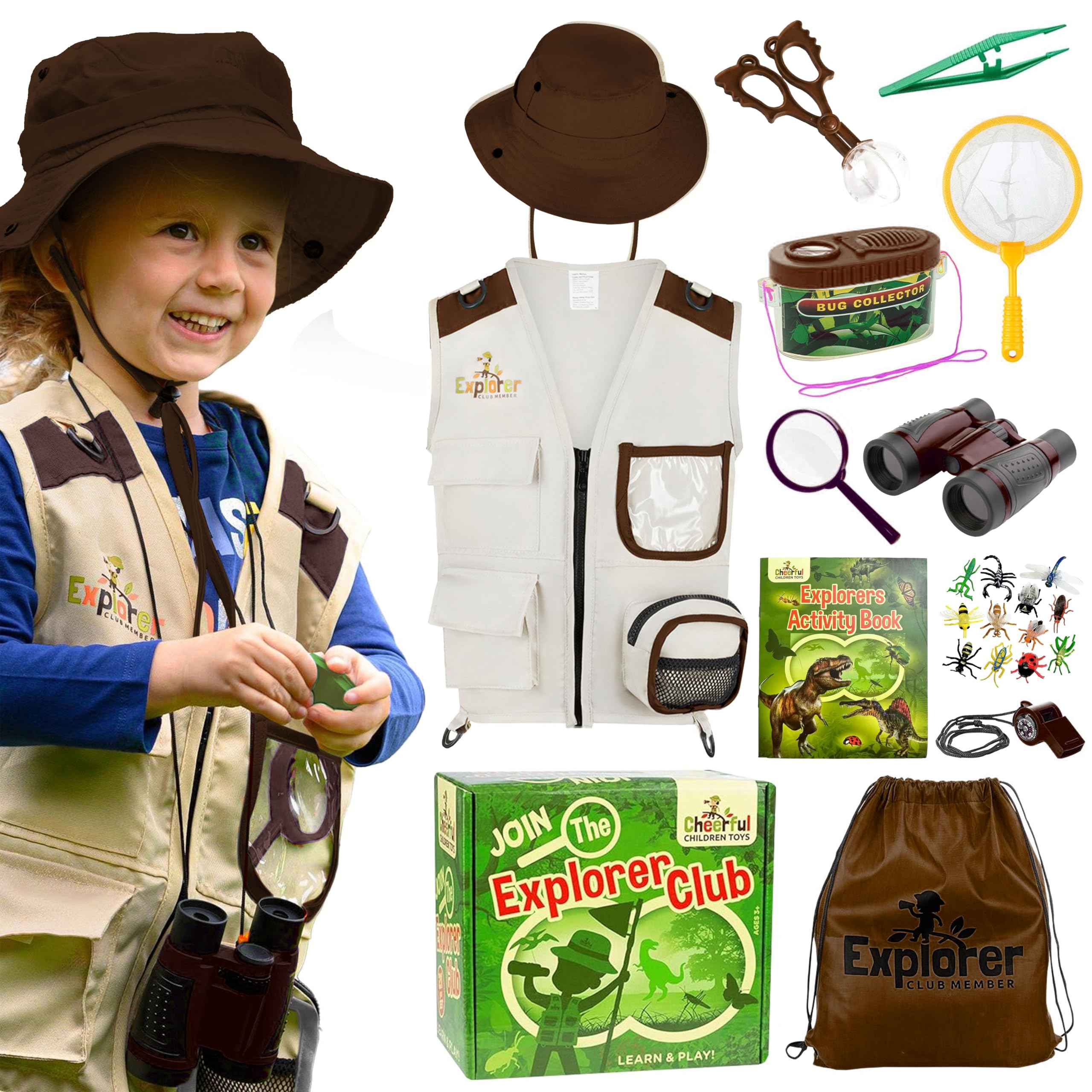 Kids Explorer Kit with Activity Book, Bug Hunting Kits for Children with Safari Vest Zoo Keeper Hat & Kids Binoculars