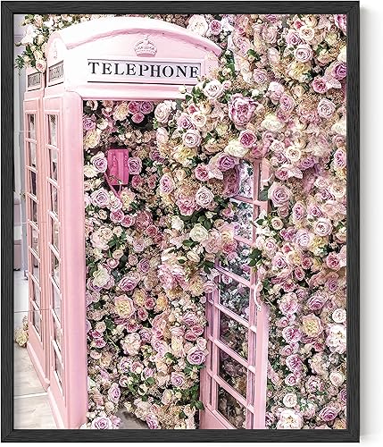 HAUS AND HUES Decoración de pared Glamour Floral Phone Booth  Póster de flores rosas para decoración de pared, póster de París, imágenes de París
