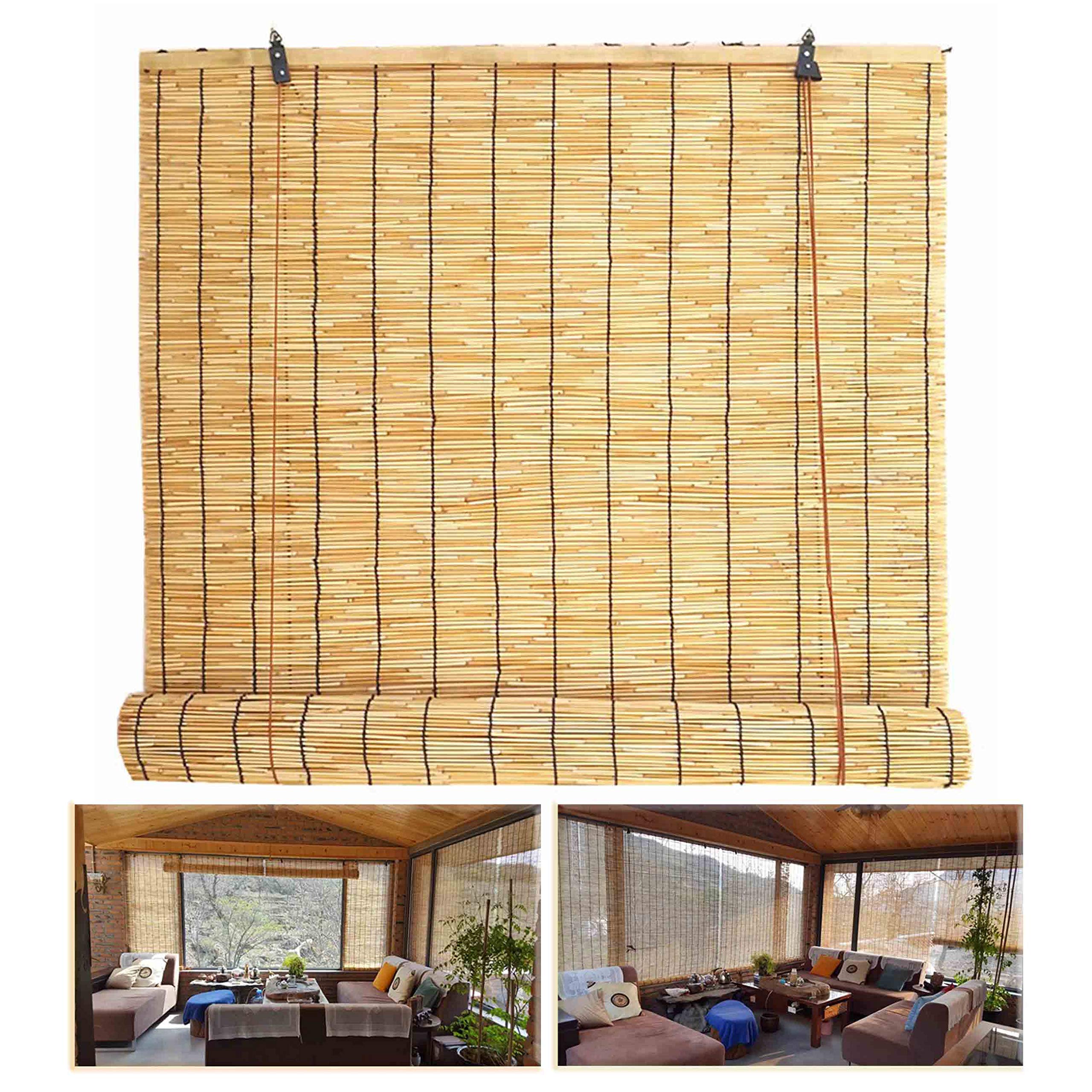 Roleta bambusowa, zasłona trzcinowa, do wewnątrz i na zewnątrz, odporna na warunki atmosferyczne, zacienione przez słońce, zasłona rzymska z akcesoriami, ochrona przed wzrokiem, 90 x 200 cm