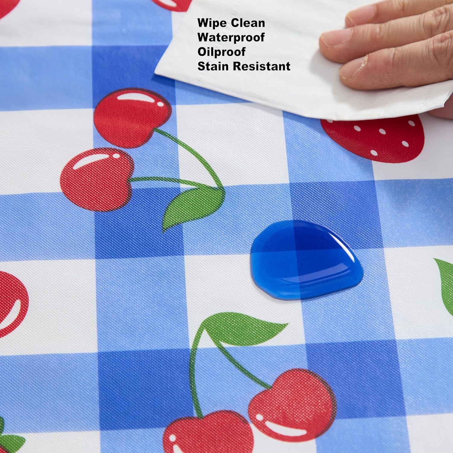 Newbridge Berry Sweet Cobalt Vinyl Tablecloth with Flannel Backing, 60 x 102 Inch Rectangle, Blue Gingham Strawberry & Cherry Print, Easy Care Wipe Clean Indoor Outdoor Table Cover