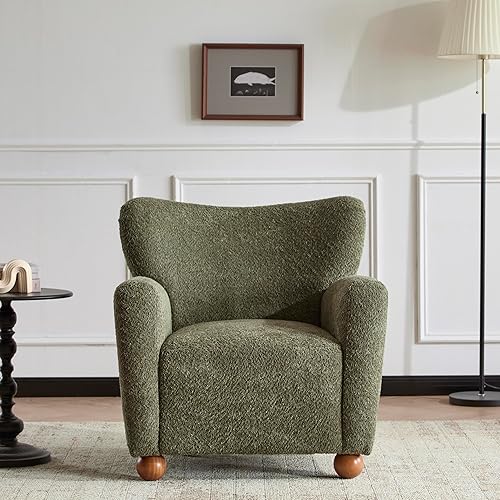 Christopher Knight Home Lindy Wingback Accent Chair, Upholstered Armchair with Rounded Wooden Legs, Curved Backrest Single Sofa, Soft Cushion Seating, Comfy Lounge Chair for Living Room, Olive Green