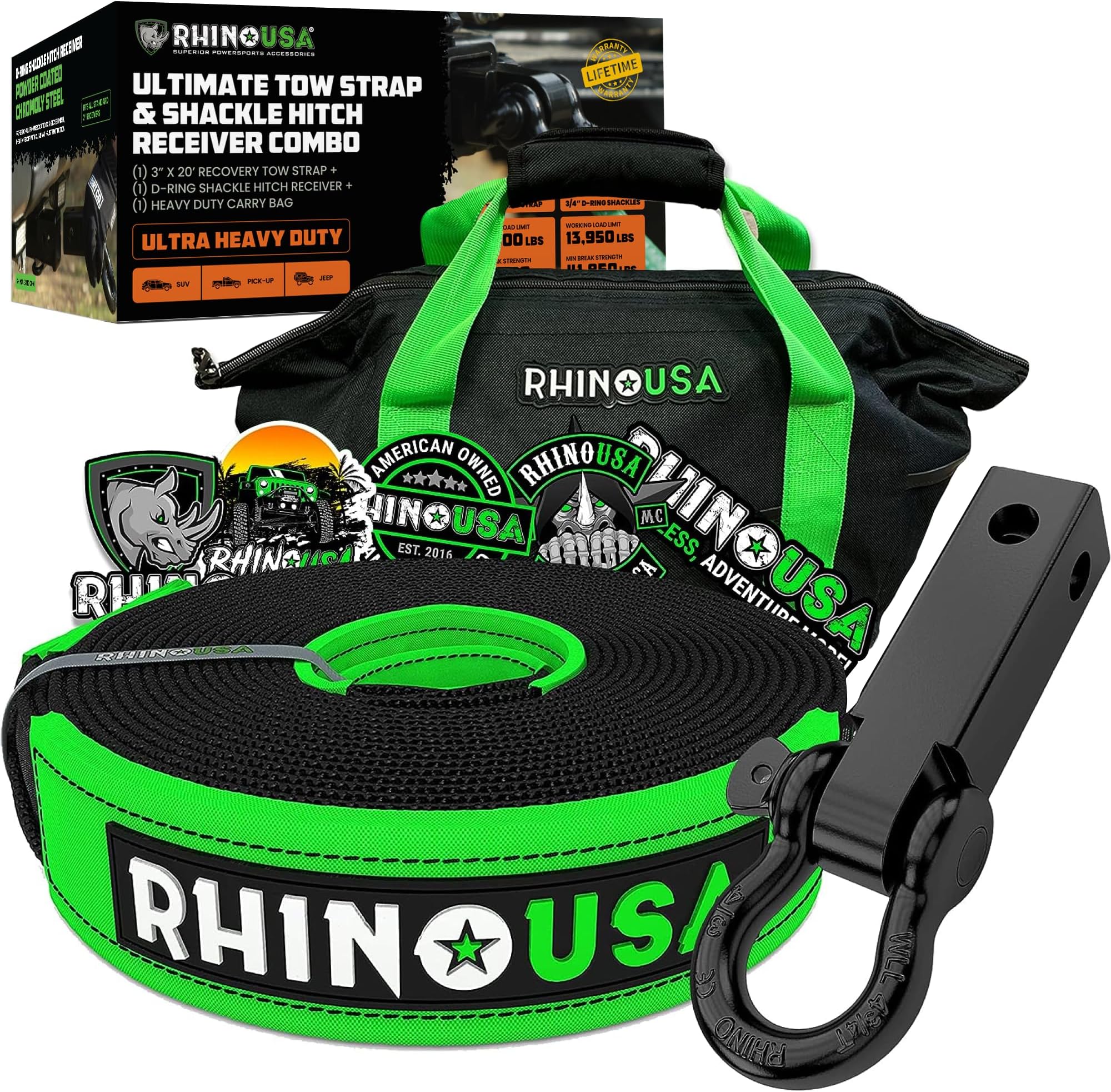 RHINO USA COMBO Recovery Tow Strap (20ft) & Shackle Hitch Receiver - Lab Tested 31,518lb Break Strength - Heavy Duty Draw String bag Included - Triple Reinforced Loop End to Ensure Peace of Mind