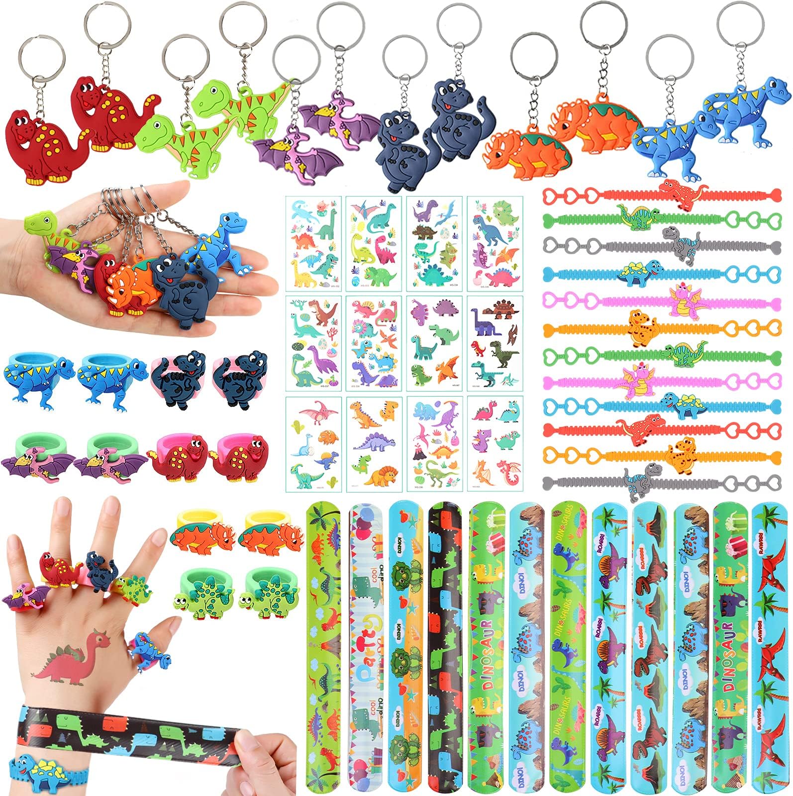 60 PCs Dinosaur Party Favors for Kids Slap Bracelets Temporary Tattoos Keychain Ring Bracelet Dinosaur Birthday Party Supplies Favors for Boys