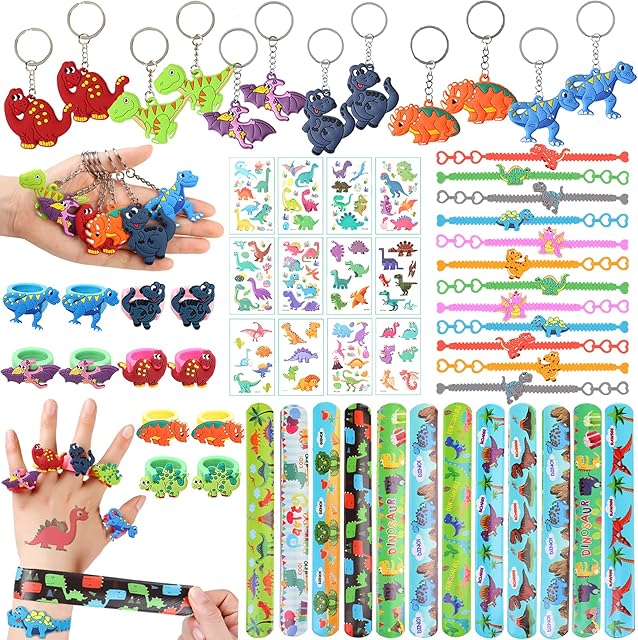 60 PCs Dinosaur Party Bags Fillers Slap Bracelets Tattoos Keychain Ring Bracelet Birthday Gifts Dinosaur Party Favours for Boys Kids