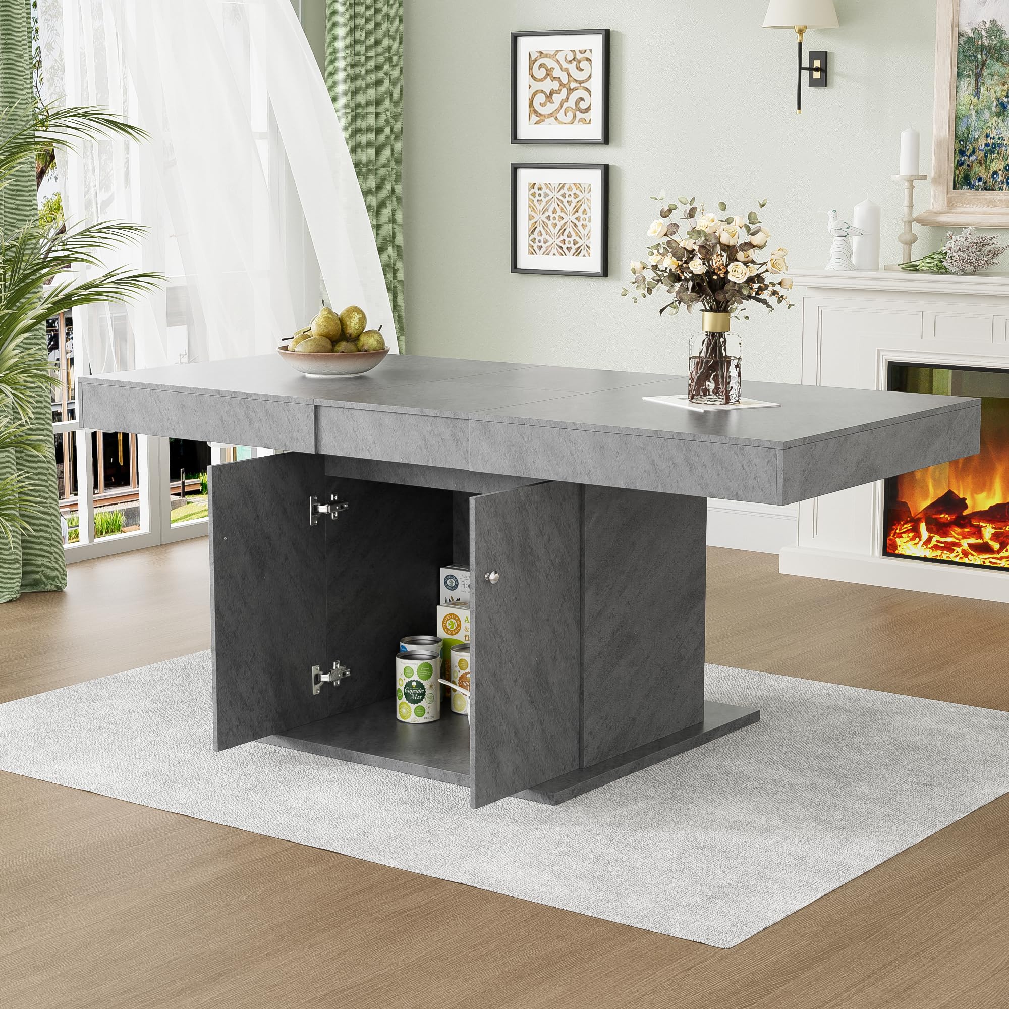 soges Mesa de Comedor Extensible con Estante, Mesa de Cocina, Mesa de Café, Mesa de Ocio, Isla de Cocina para Salón y Comedor, Gray 140/180 x 80 x 76 cm