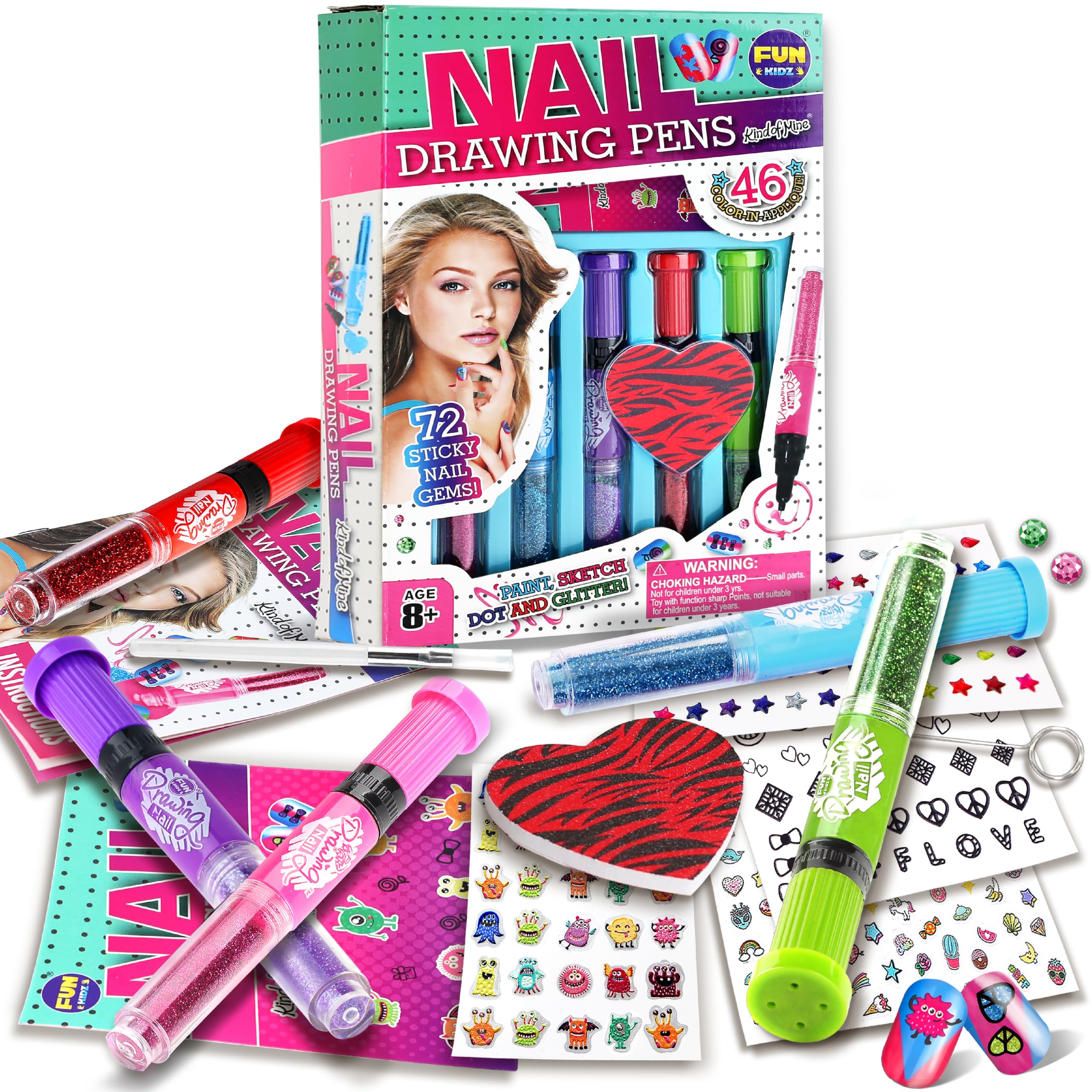 FunKidz - Juego de esmaltes de uñas para niños con 3 en 1 para esmaltes de uñas con purpurina y accesorios de decoración pegajosa