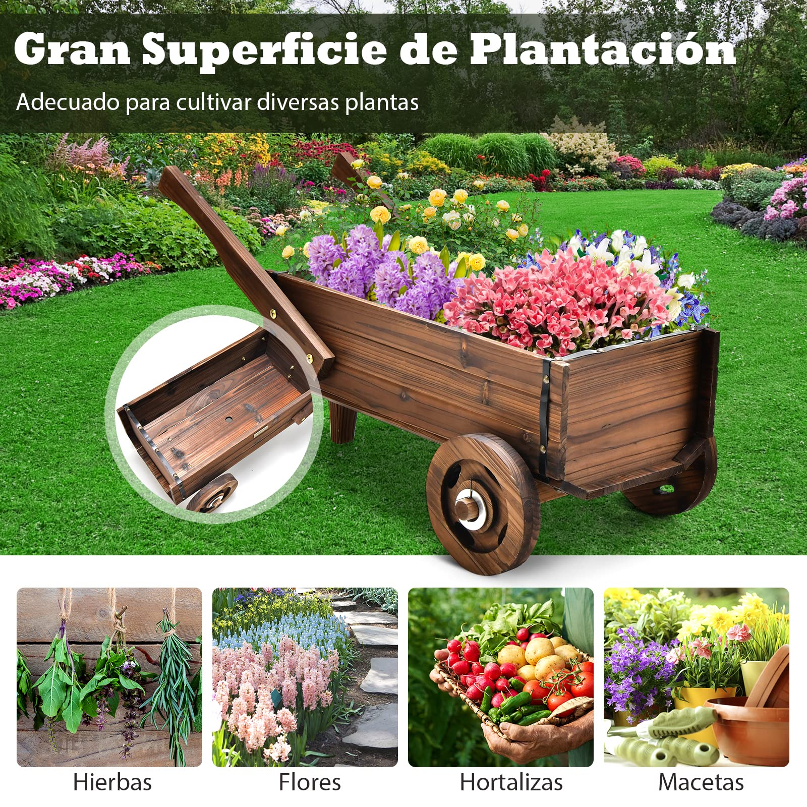 COSTWAY Carretilla Jardín de Madera de Flores, Carrito de Madera Maceta con Ruedas, Asas, Orificio de Drenaje, Soporte para Macetas de Flores, Maceta Decorativa para Jardín Patio (81 x 40 x 38,5 cm)