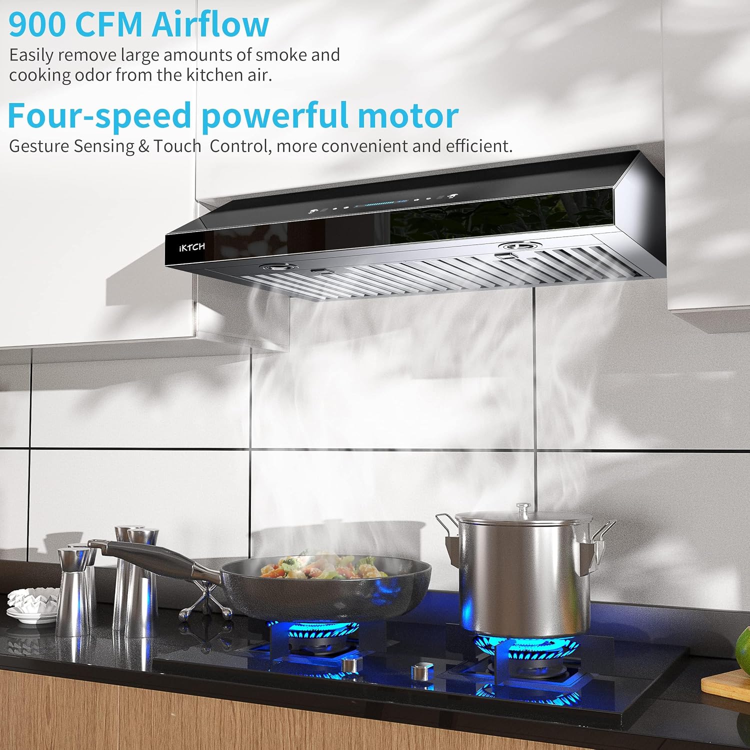 IKTCH 36 inch Under Cabinet Range Hood, 900 CFM Kitchen Hood, 4 Speed Fan, Stainless Steel & Black Tempered Glass Vent Hood with Gesture Sensing & Touch Control