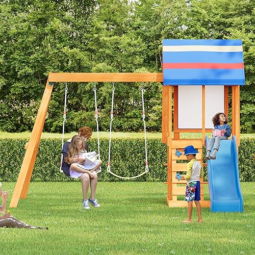 Playground Outdoor 3 in 1 Swing Sets with Slide, 2 Swings and Climber, Wood Outdoor Playset for Garden, Backyard and Playground (Blue)