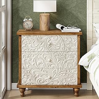 LONYKE 3 Drawer Farmhouse Dresser with Embossed Weathered Flower Motif, ...