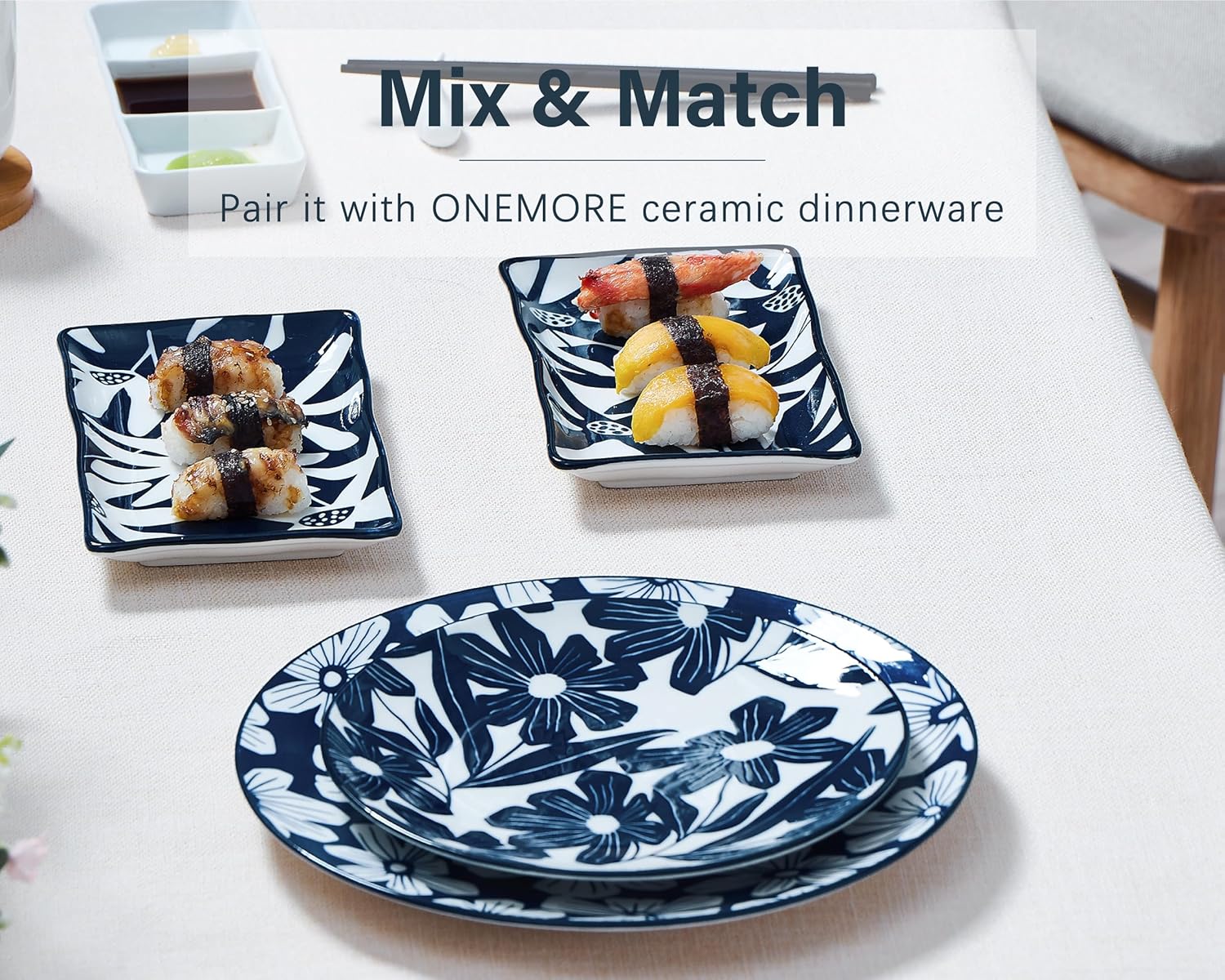 ONEMORE Rectangular Serving Plates Set of 6-7.5 inch Ceramic Blue and White Appetizer Plates - Microwave, Oven & Dishwasher Safe, Classic Style, Sturdy, Scratch Resistant - Vintage Blue