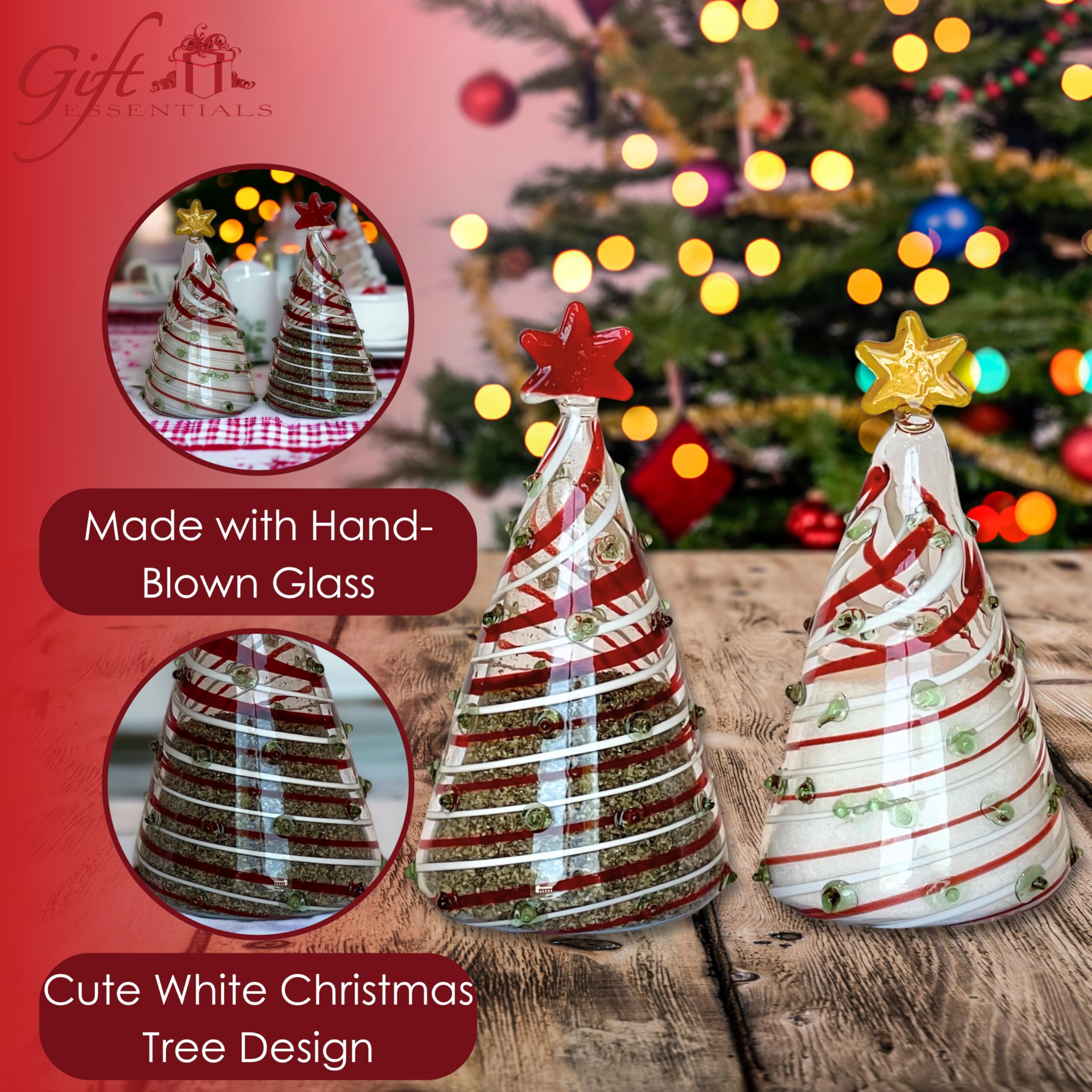 Gift Essentials Salero y pimentero de cristal soplado para árboles de Navidad, mini salero y pimentero de cristal soplado a mano, juego de salero y pimentero de Navidad transparente