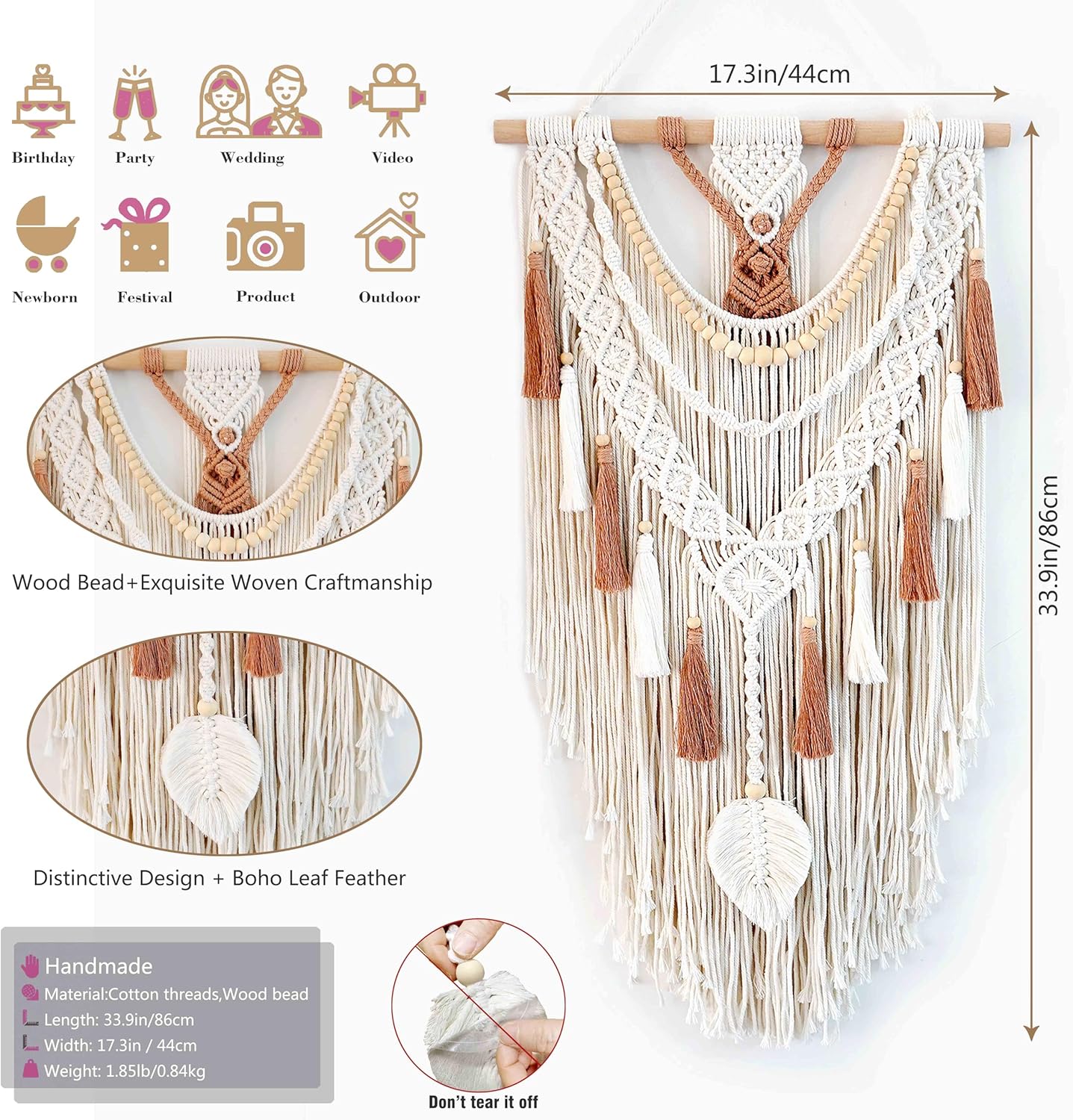 MEIZHIANDME Macrame Wall Hanging, Boho Woven Tapestry Wall Decor, Chic Bohemian Handmade Leaf Feather Wall Art Decorations for Bedroom Living Room Apartment Wedding Party (Leaf & Wood Bead)