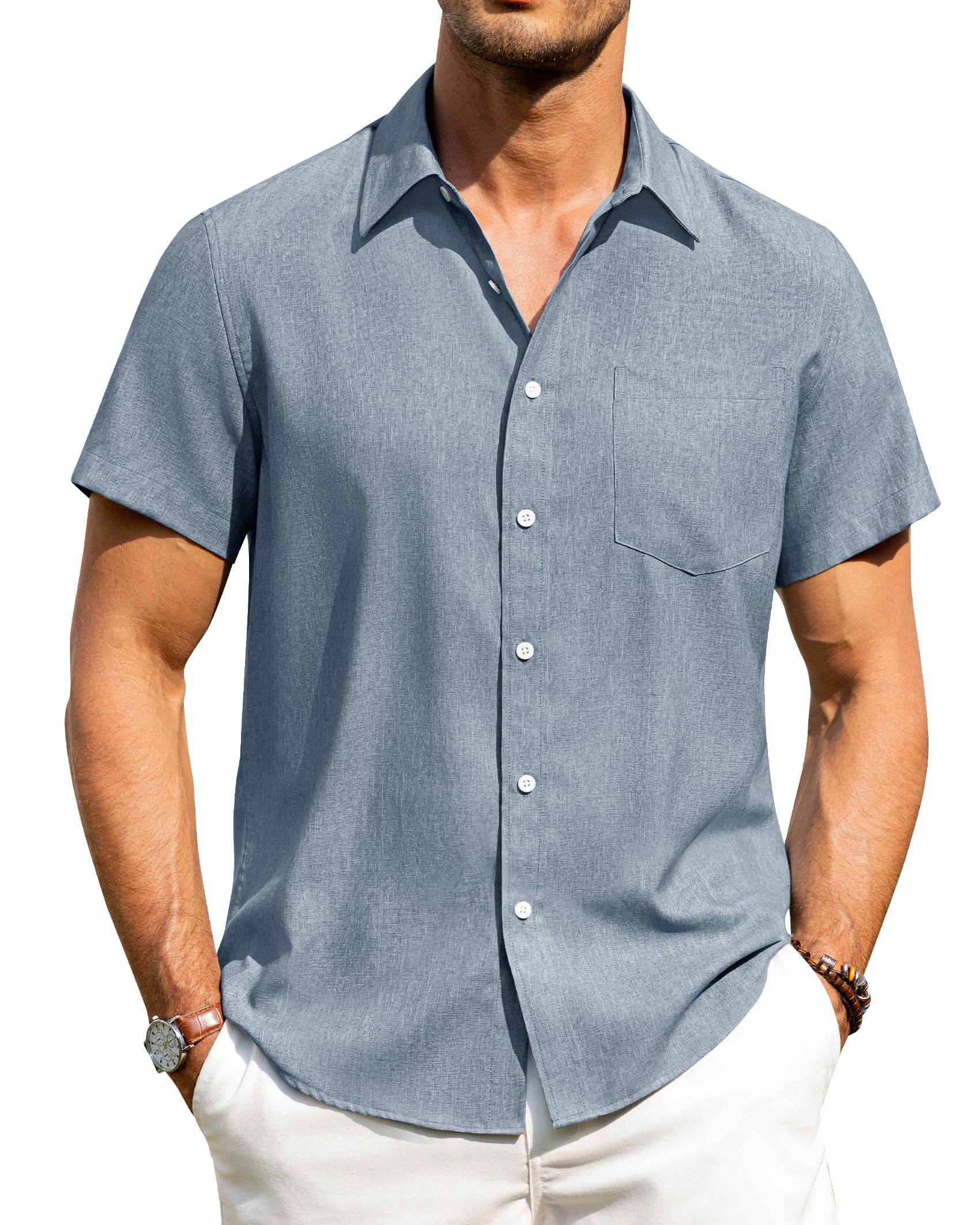 Alimens & Gentle Mens Linen Shirts Short Sleeve Button Down Shirts Wrinkle Free Casual Vacation Beach Summer Tops