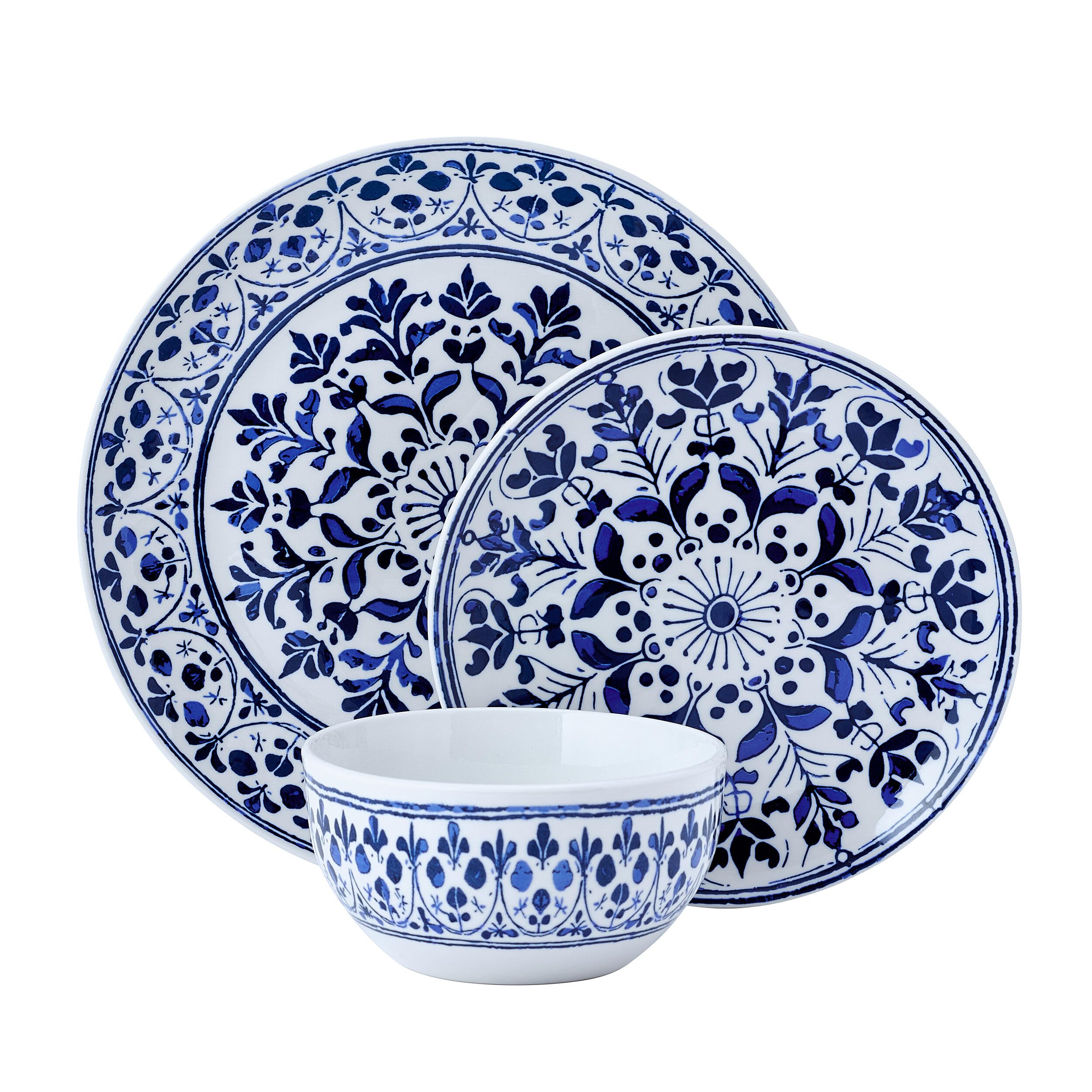 Pfaltzgraff Medallion Radiance 12-teiliges Geschirrset aus Steingut, Teller und Schüssel, Service für 4 Personen, Blau