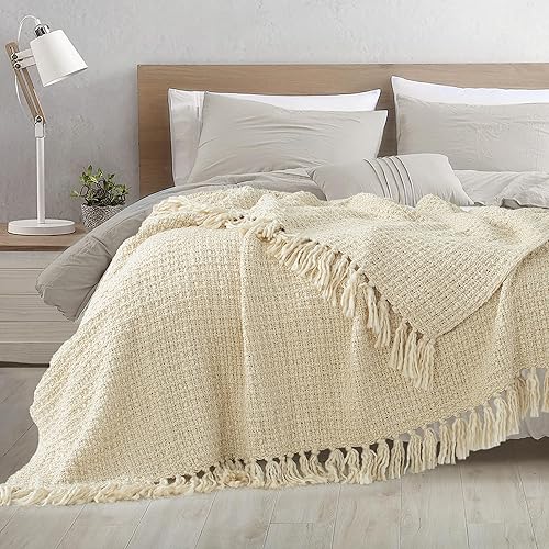 Miniatura 7 de GINAMUSE Manta de punto grueso color crema para sofá, 50 x 60 pulgadas, manta texturizada estilo bohemio para decoración del hogar, manta de punto