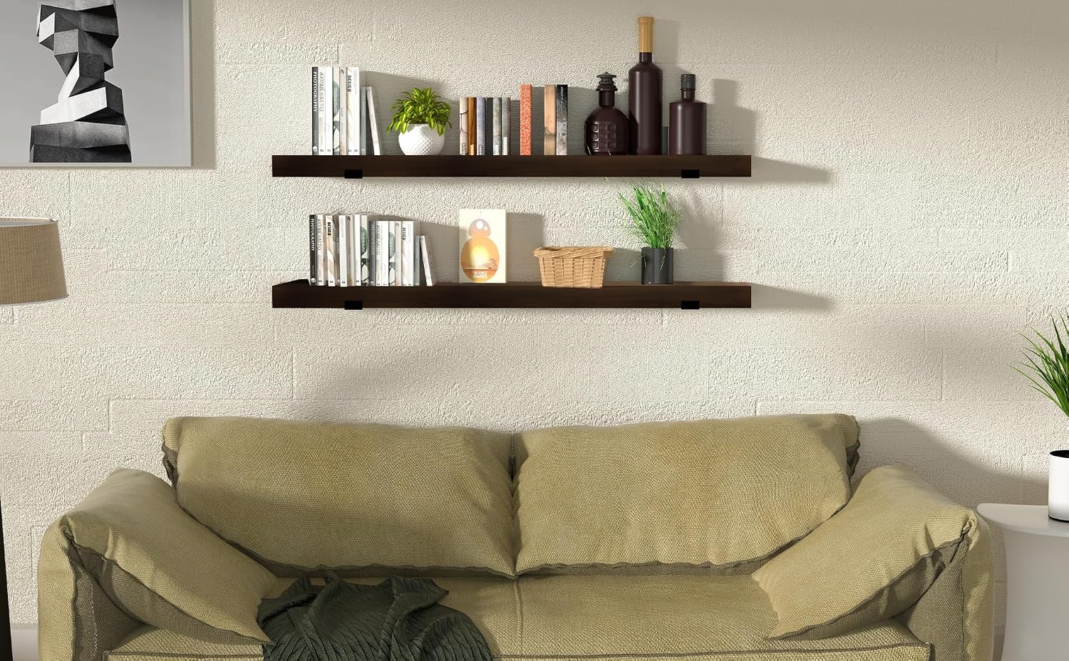CONSDAN 16 inch Floating Shelves, Solid Paulownia Wood, Burnt Wood Light Weight, Wall Shelves for Bedroom, Bathroom, Living Room, Kitchen, 16x7.5x1.5 in, Set of 2