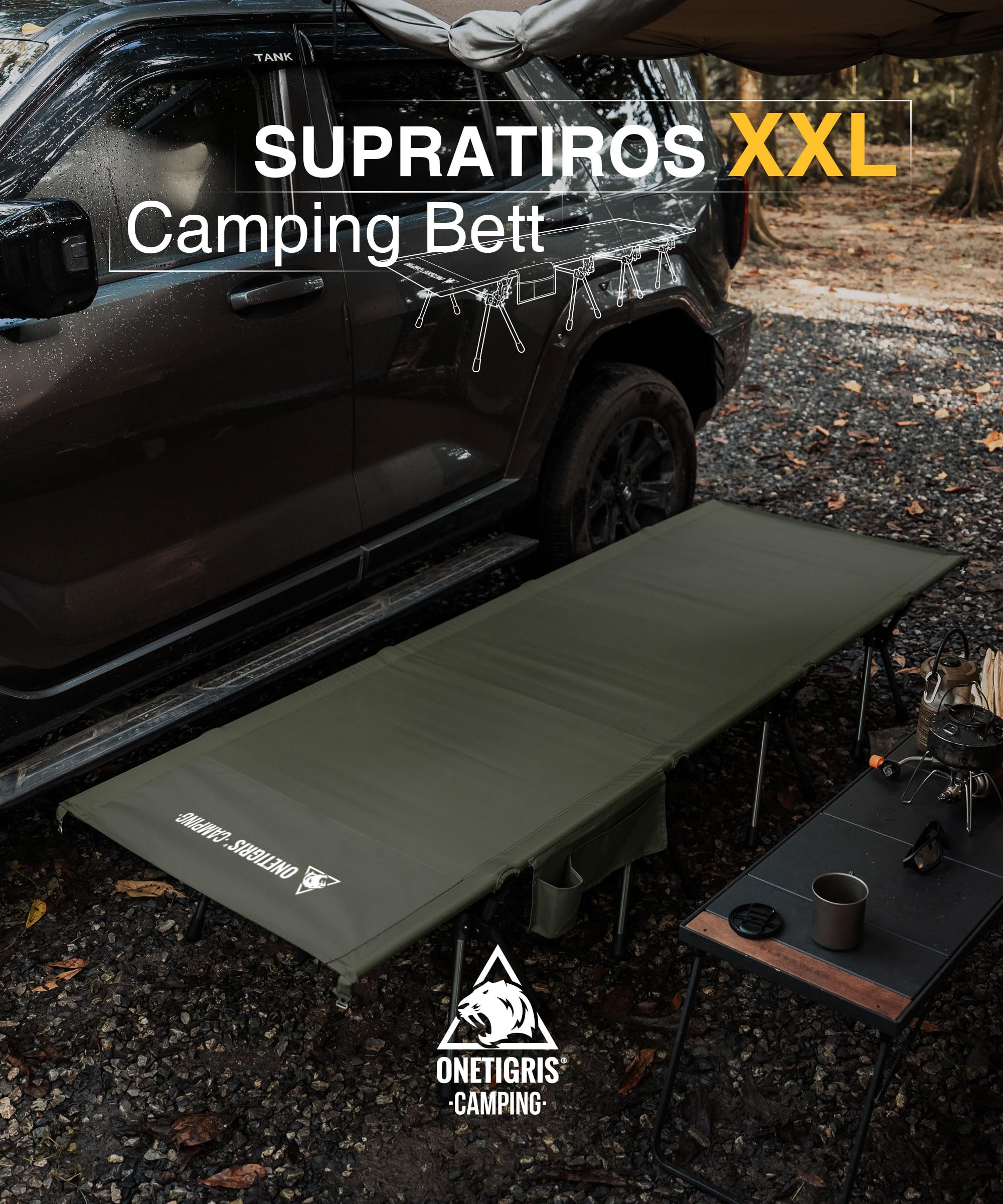 OneTigris SUPRATIROS Lit de camp pliable XXL portable et léger jusqu'à 180 kg pour tente, extérieur, voyage, jardin, bureau (220 x 80 cm)