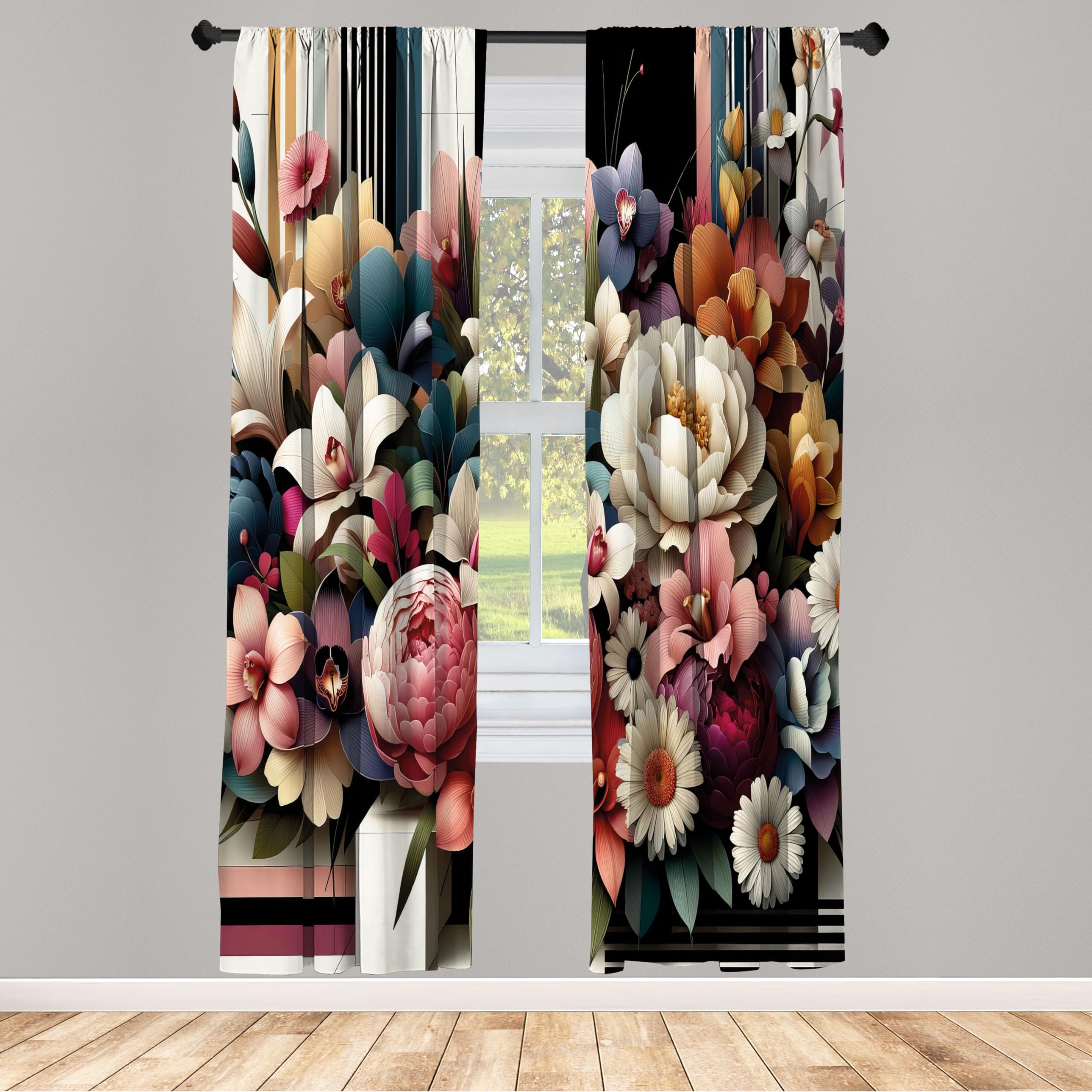 Ambesonne Modern Window Curtains, Colorful Jumble of Garden Aura Leafy Spring Floral on Abstract Lines, Lightweight Decorative 2-Panel Set & Rod Pocket, Pair of - 28