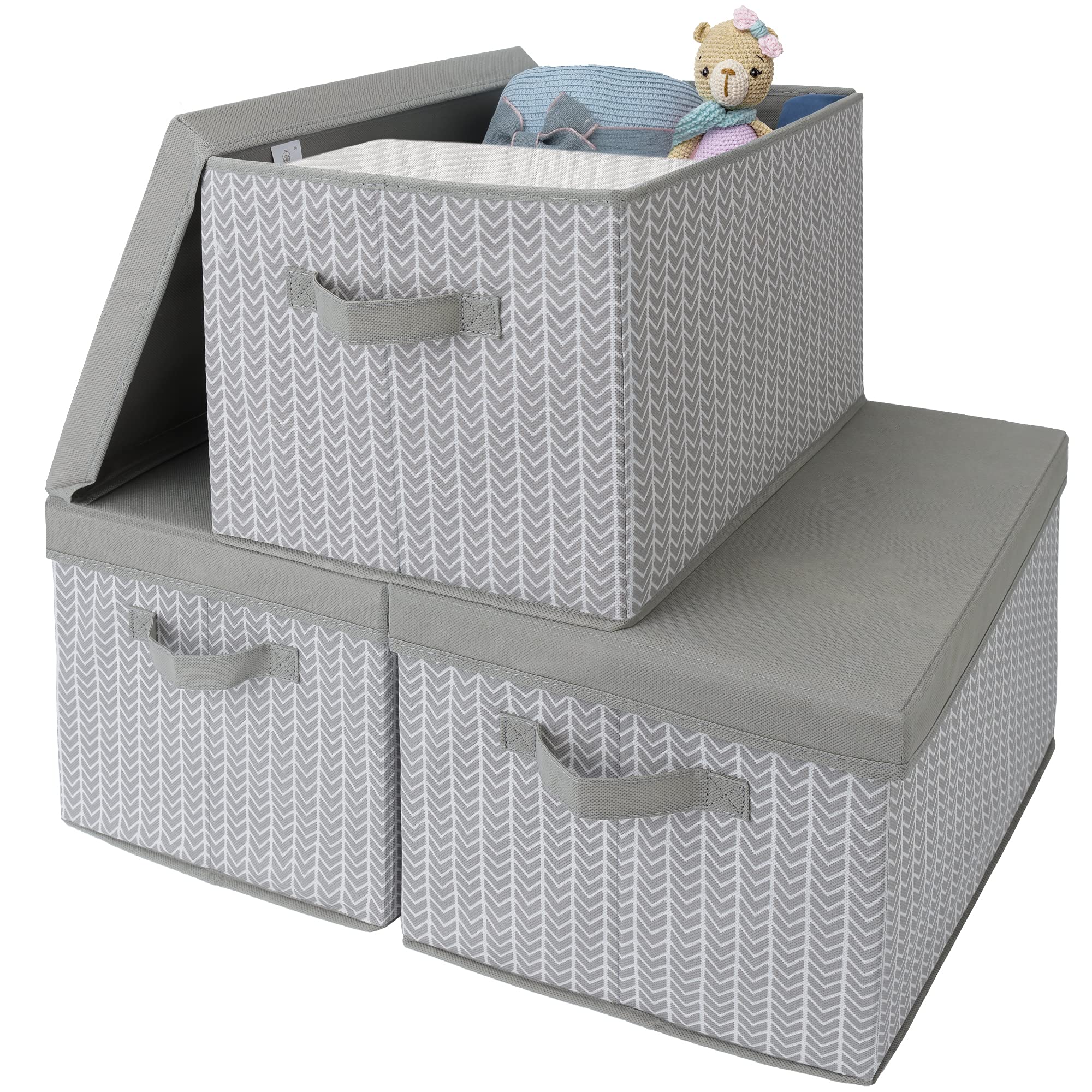 GRANNY SAYS Fabric Boxes with Lids, Storage Bins with Handles, Shelf Baskets for Organizing, Storage Containers Extra Large Storage Boxes for Clothes, Gray/White, 3-Pack