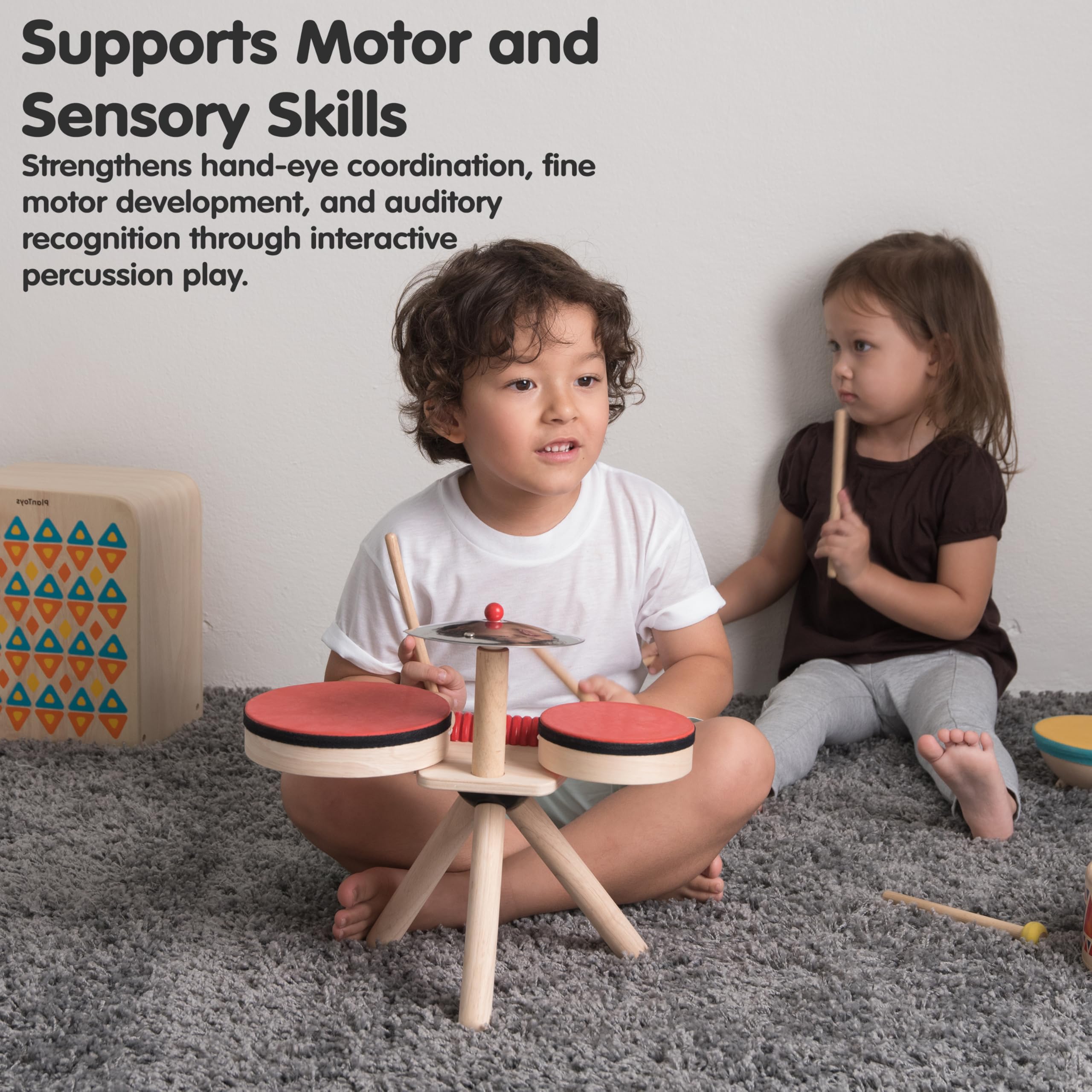 Plan Toys Musical Band | Drum Cymbal Guiro, Wooden Musical Band Set, Montessori sensory exploration, coordination creative expression, kids music inst