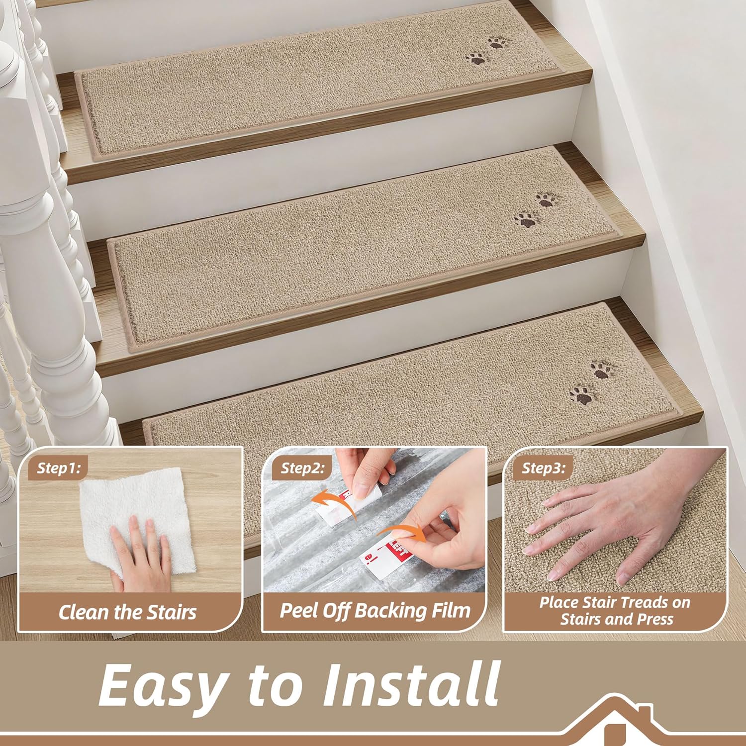 BEQHAUSE Stair Treads for Wooden Steps 28inX9in, Non Slip Carpet Stair Treads Indoor Stair Runners Machine Washable, Soft Stair Rugs Mat Surface Polyester TPE Backing, 15pcs, Beige