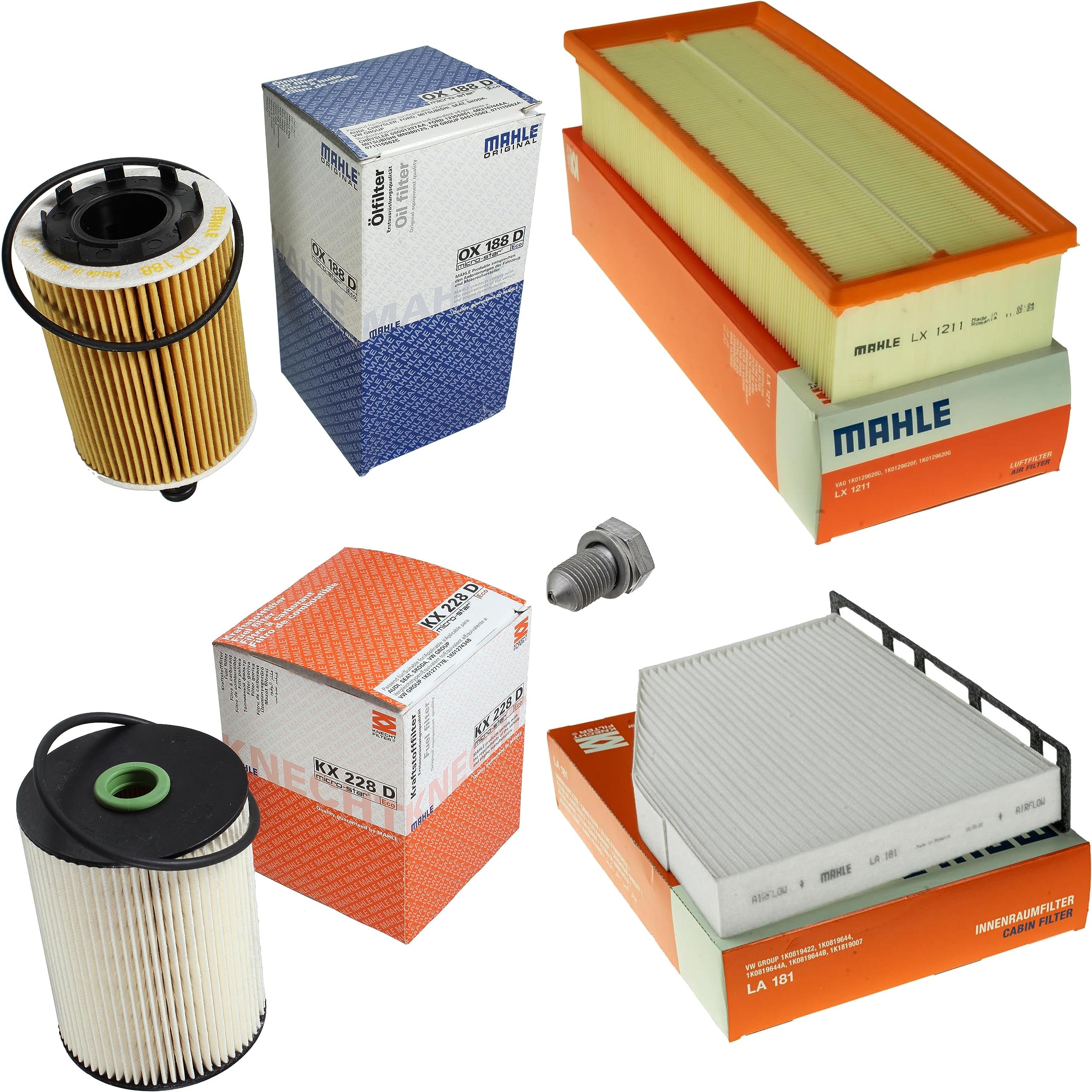Paquete de inspección Kit de mantenimiento con filtro de aceite OX 188D, filtro de aire LX 1211, filtro de combustible KX 228D, filtro de habitáculo LA 181, tornillo de cierre