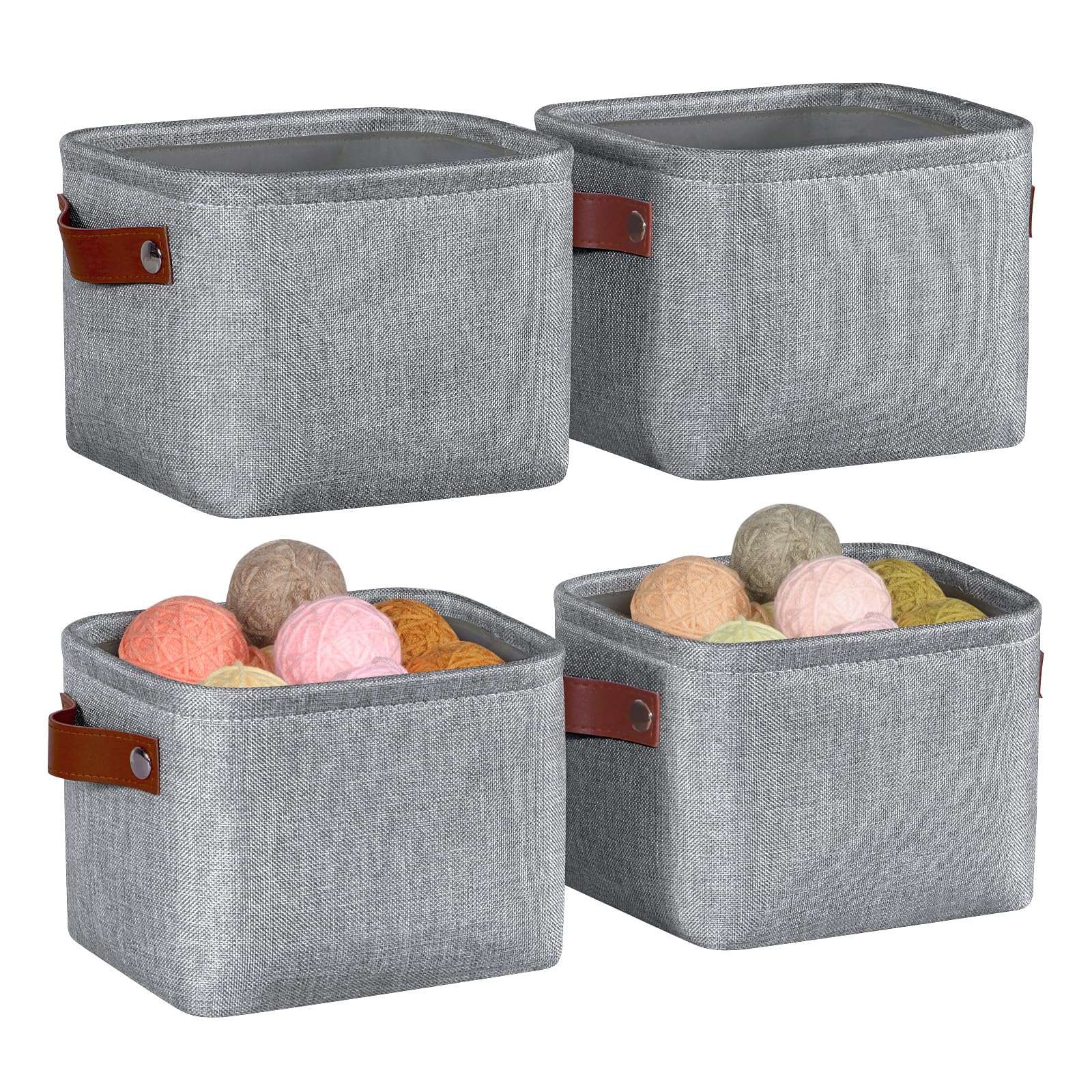 Syeeiex Small Storage Baskets for Shelves with Leather Handle, 4 Pack