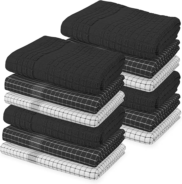 Weave Essentials 12 Pc Kitchen Towel Set, 4 Hand Towel (50x50cm), 8 Dish Cloth (50x70cm), 100% Ring Spun Cotton, Super Soft & High Absorbent, Multipurpose Dish Towel with Hanging Loop, GRAPHITE BLACK