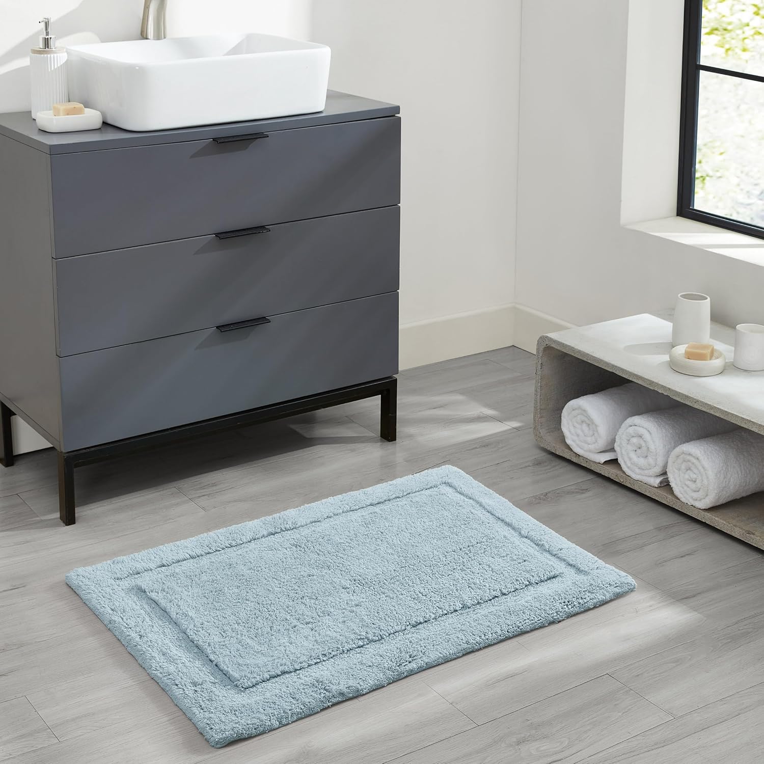 Jean Pierre New York Lydia Border 100% Cotton Bath Mat 2-Piece Set - Non-Slip Bath Rug - Light Blue - 17"x24" & 20" x 32"