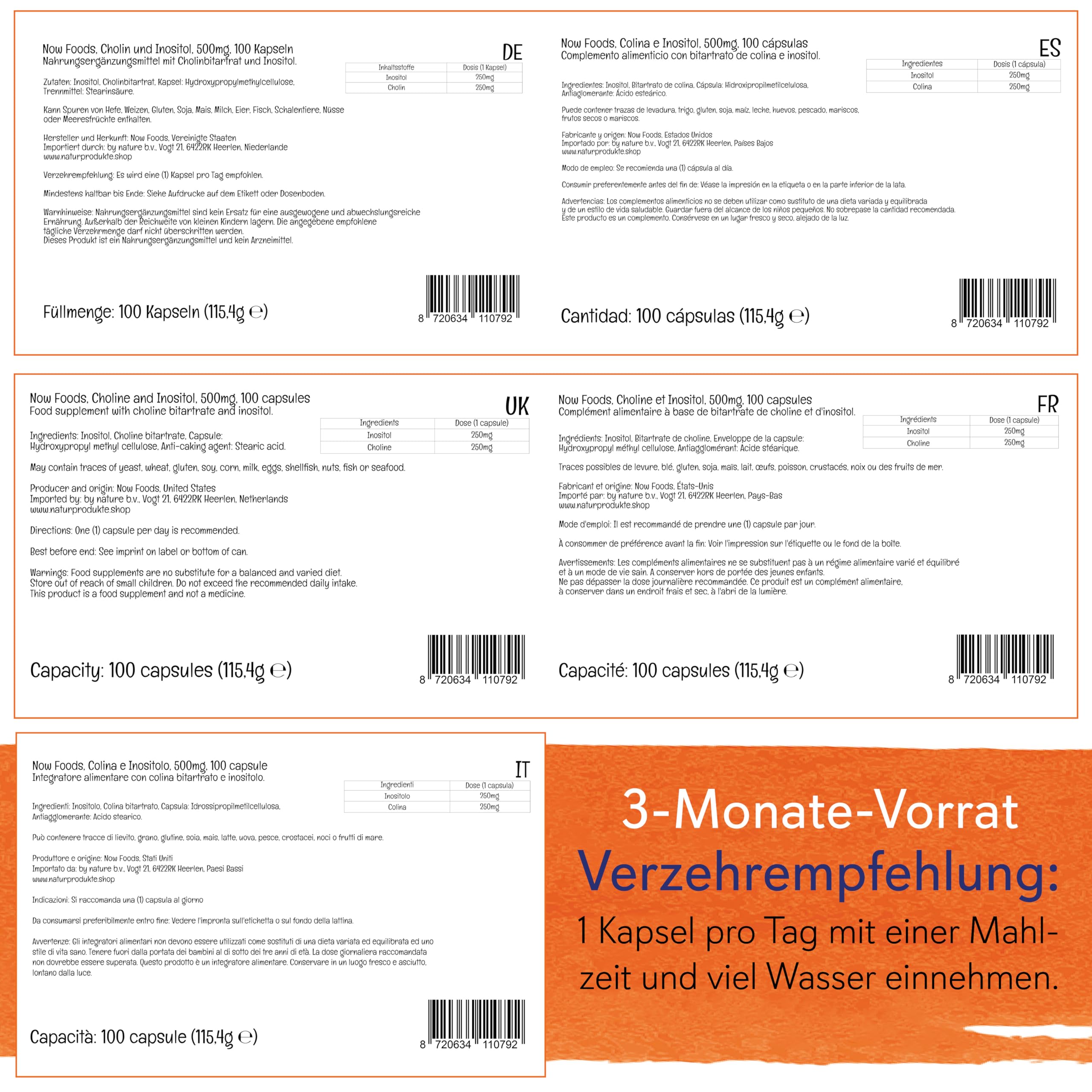 Now Foods, Choline & Inositol, 500 mg, 100 vegane Kapseln, Laborgeprüft, Vitamin B, Glutenfrei, Sojafrei, Vegetarisch
