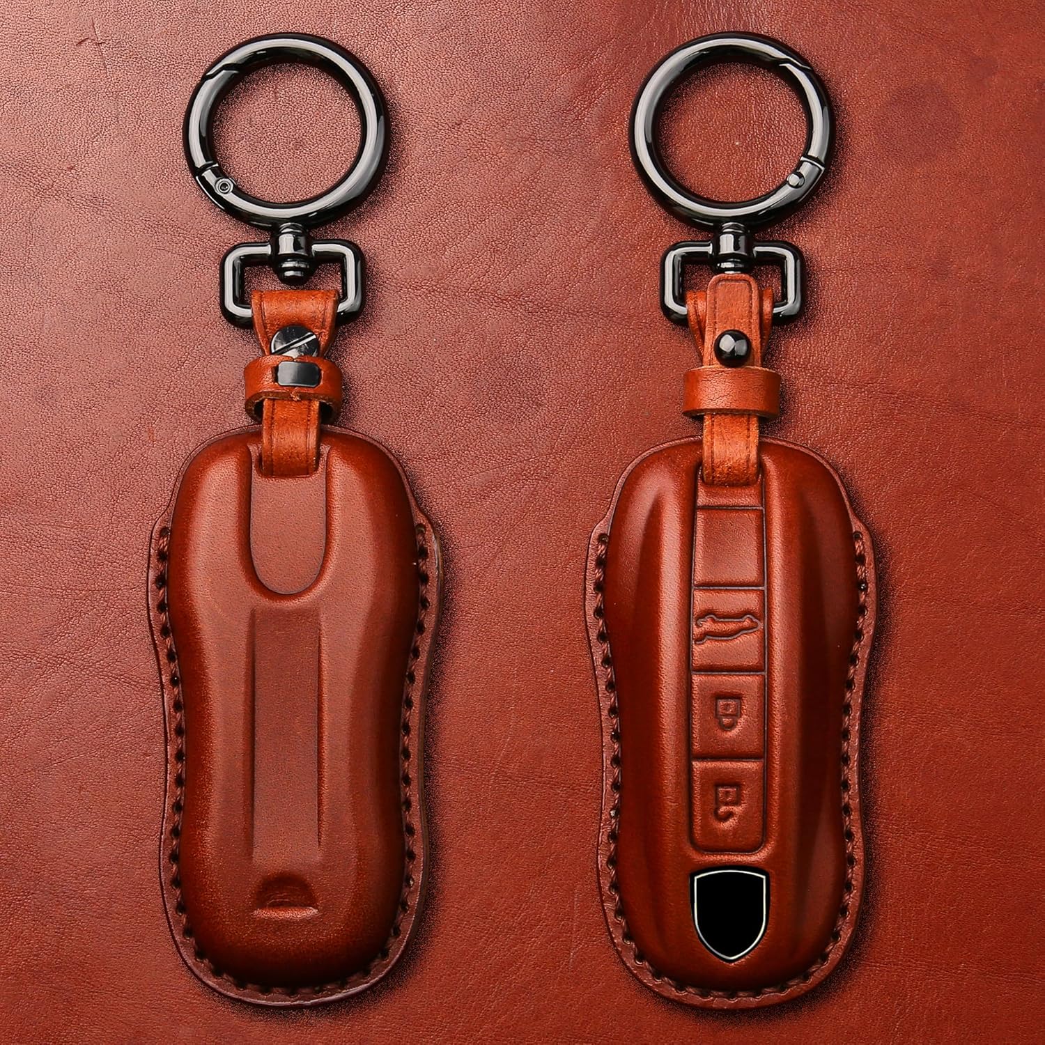 Tukellen for Porsche Leather Key Fob Cover with Keychain Key Shell Compatible with 2020-2024 Panamera, Cayenne, Macan, 918-Brown - Image 3